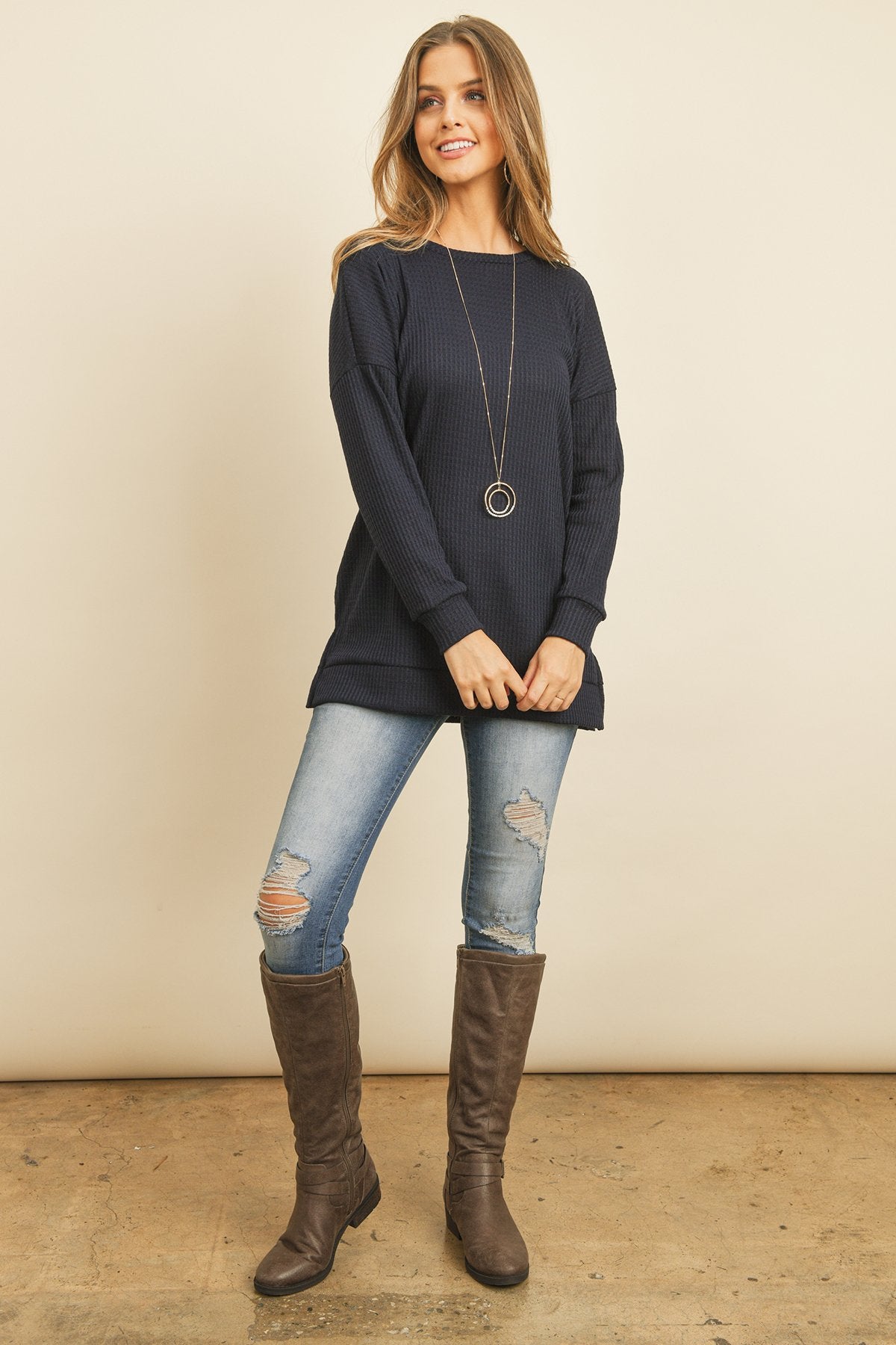 Solid Waffle Round Neck Tunic Top