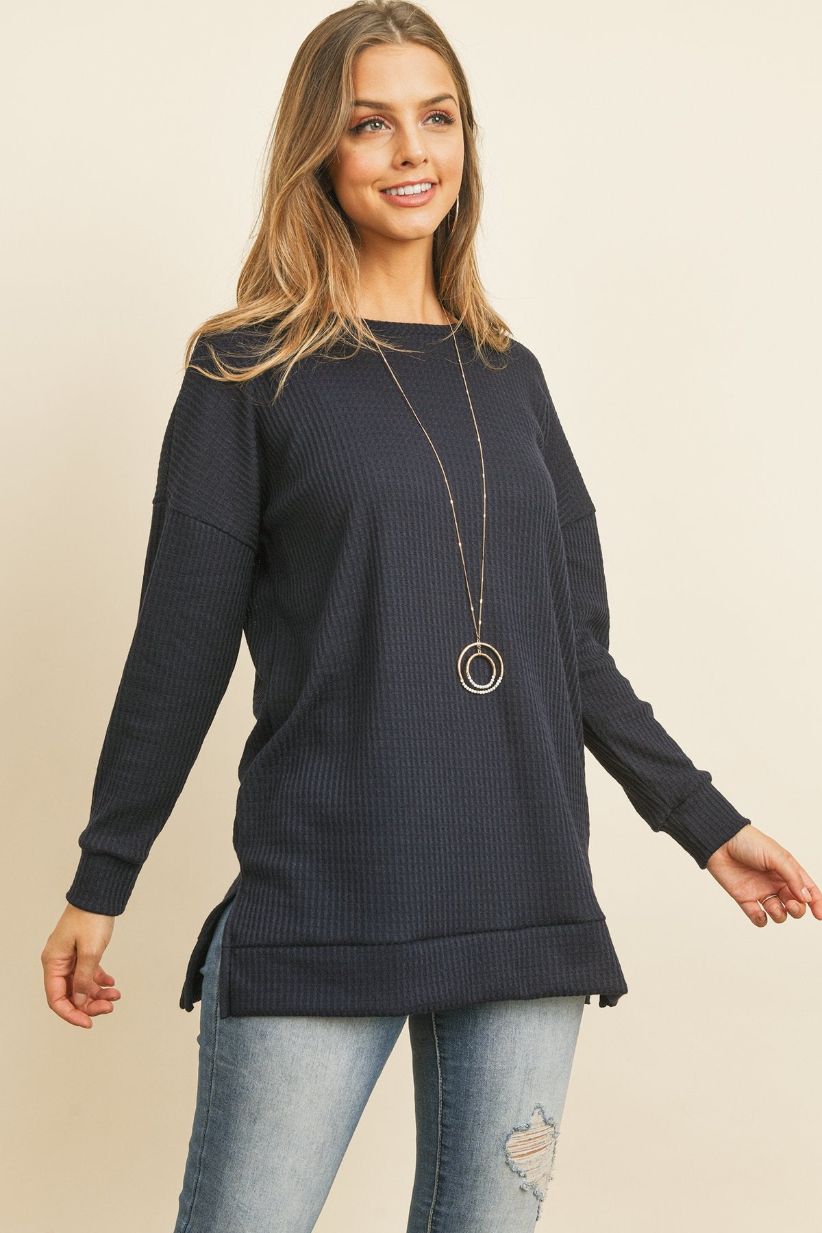 Solid Waffle Round Neck Tunic Top
