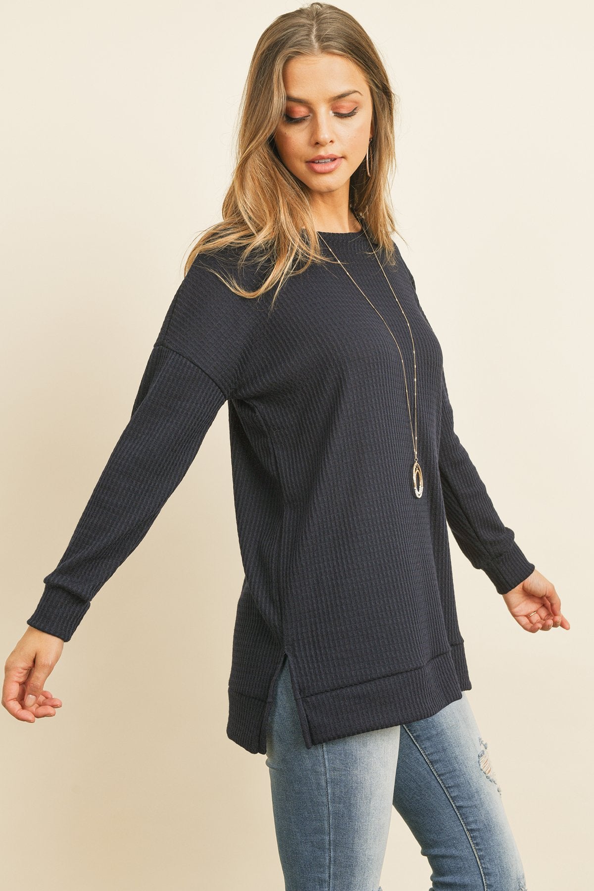 Solid Waffle Round Neck Tunic Top