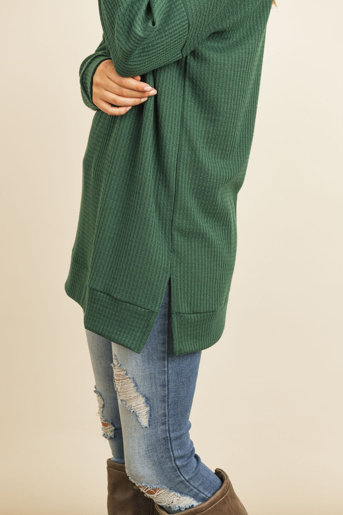 Solid Waffle Round Neck Tunic Top