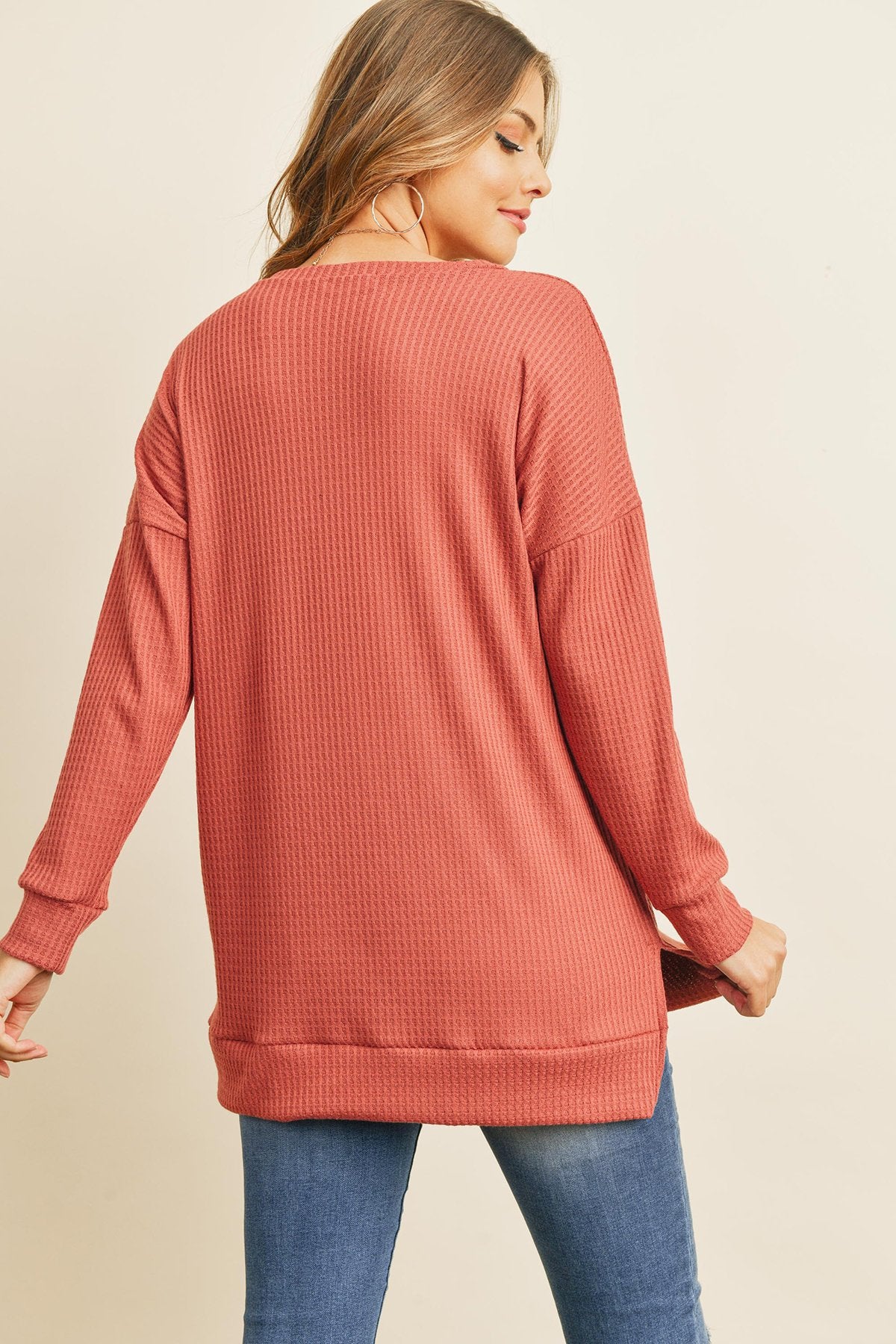 Solid Waffle Round Neck Tunic Top