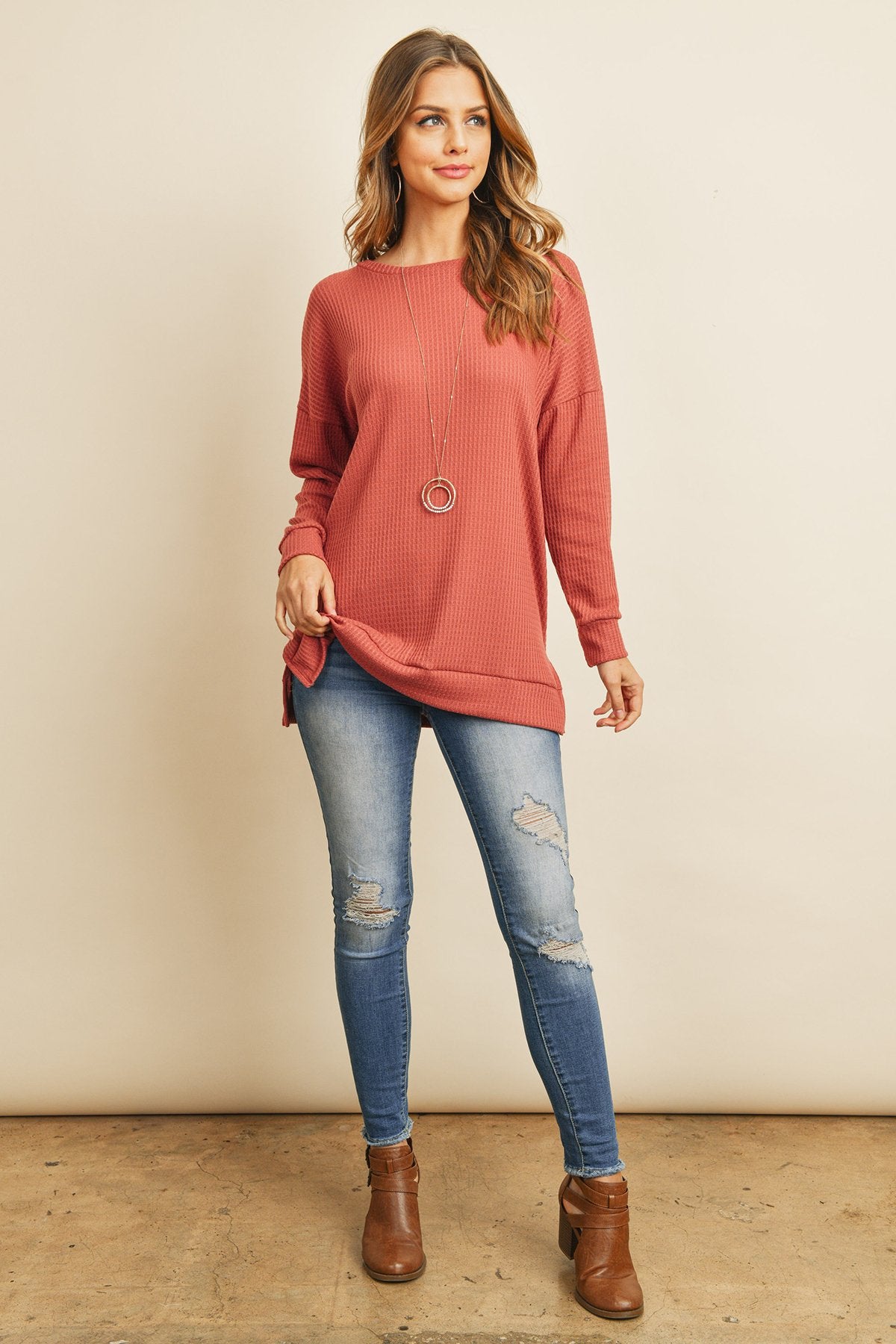 Solid Waffle Round Neck Tunic Top