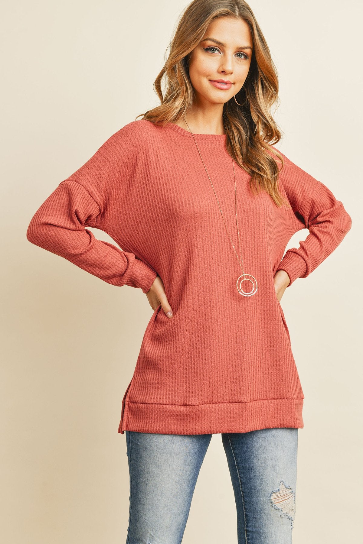 Solid Waffle Round Neck Tunic Top