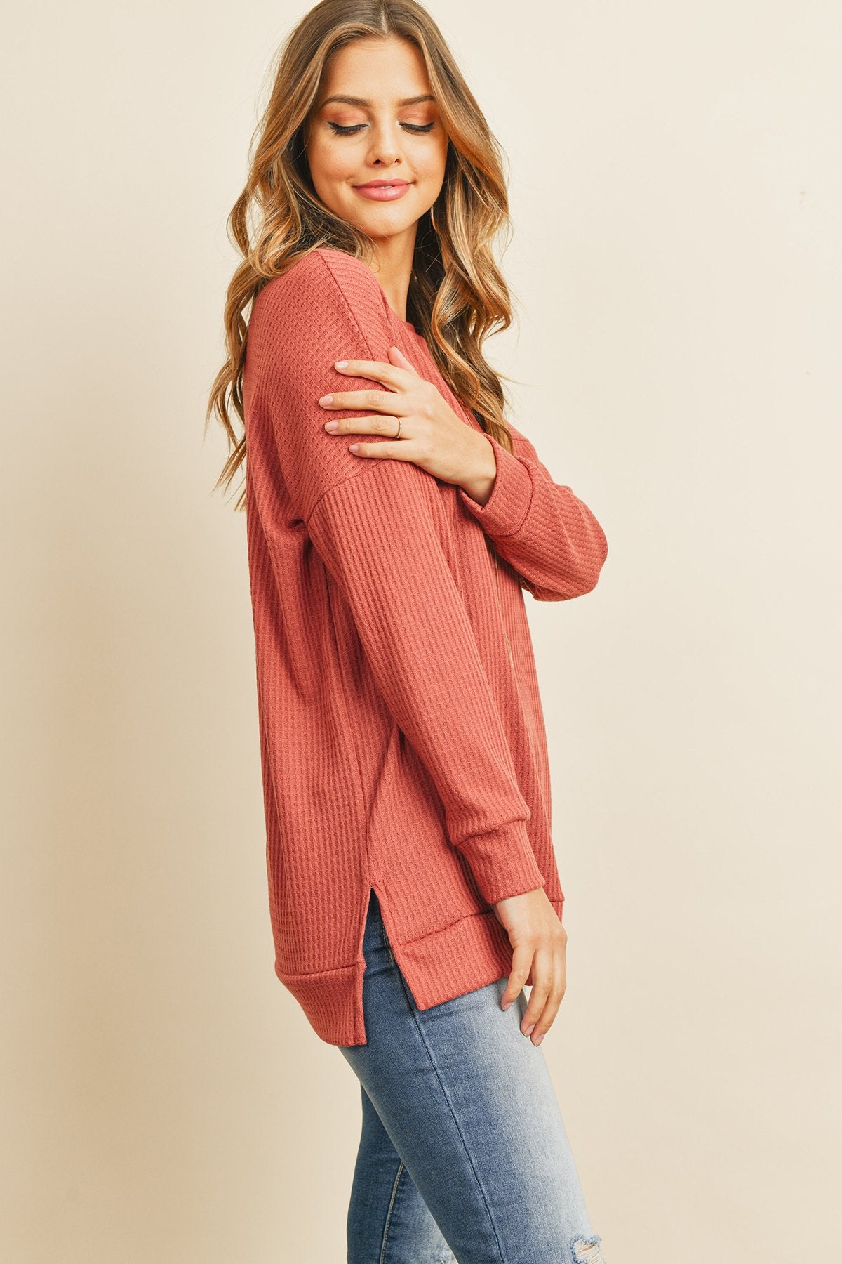 Solid Waffle Round Neck Tunic Top