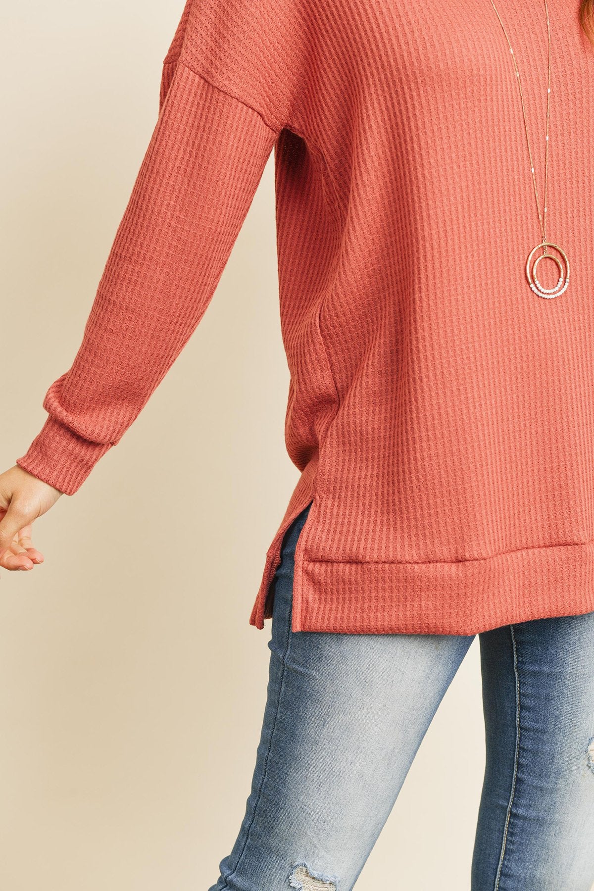 Solid Waffle Round Neck Tunic Top