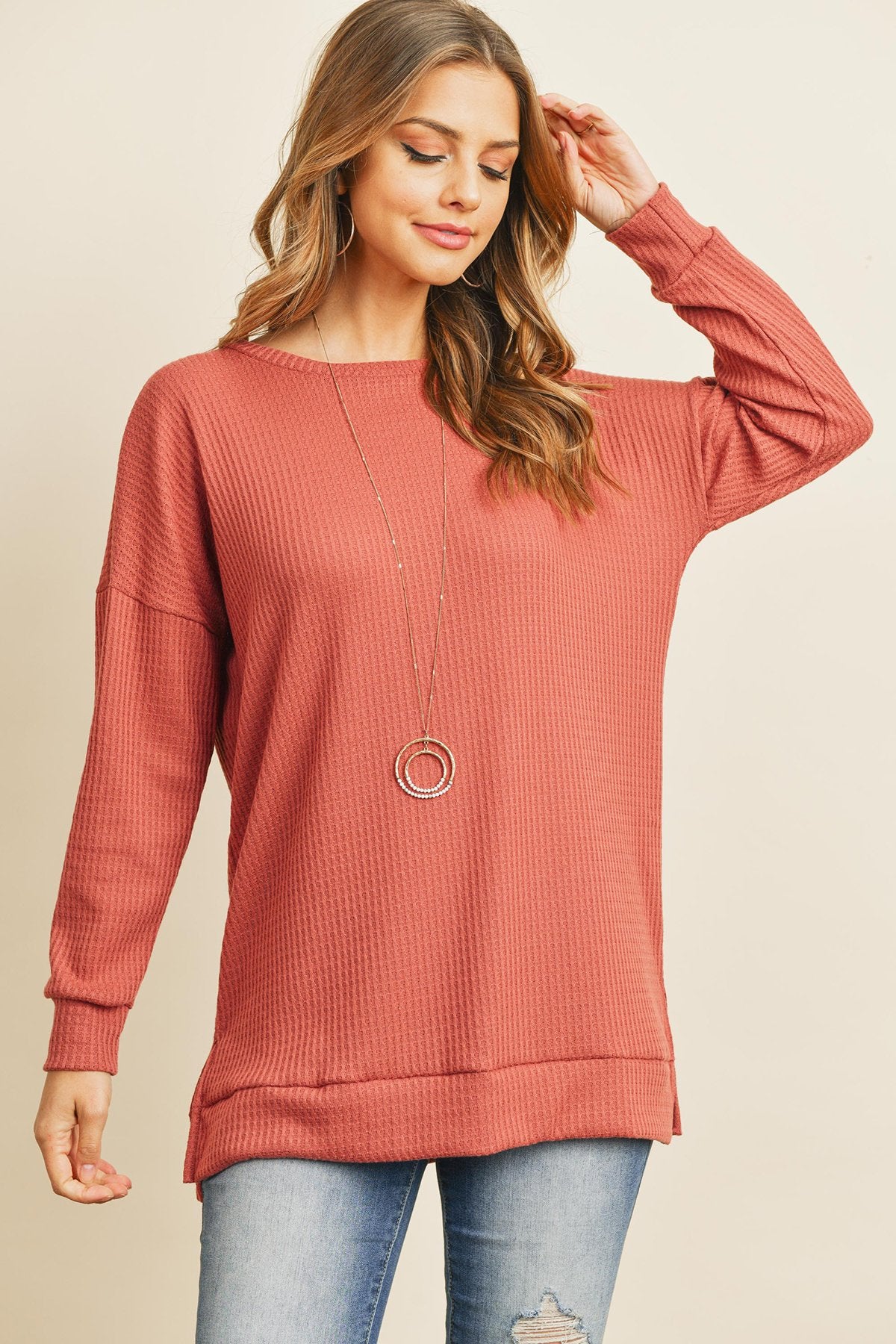 Solid Waffle Round Neck Tunic Top