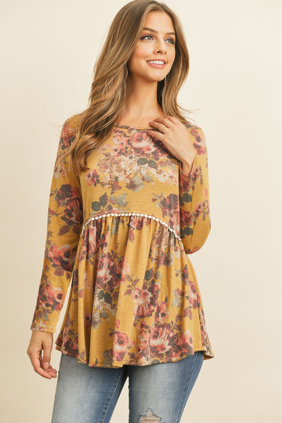 Floral Long Sleeved Cinch Waist Lace Detail