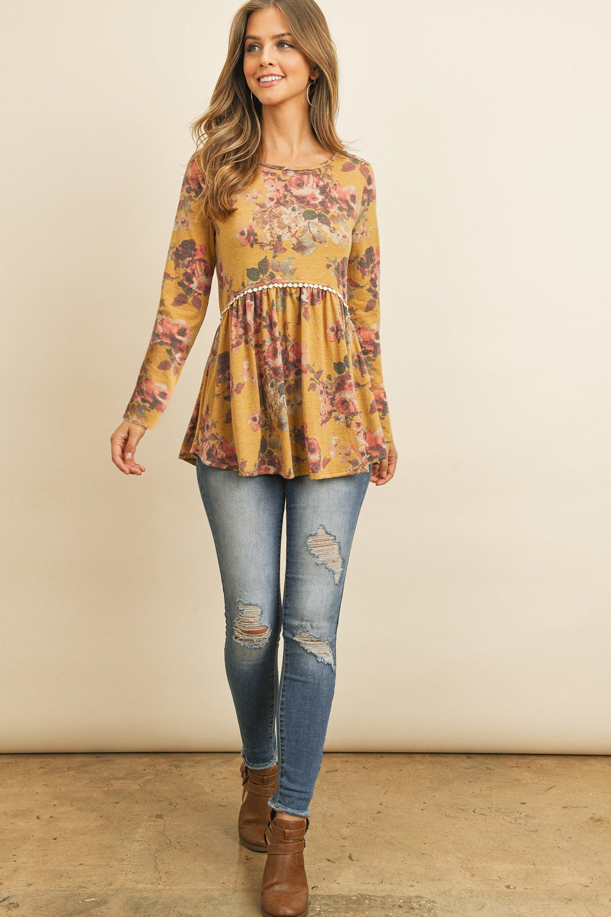 Floral Long Sleeved Cinch Waist Lace Detail
