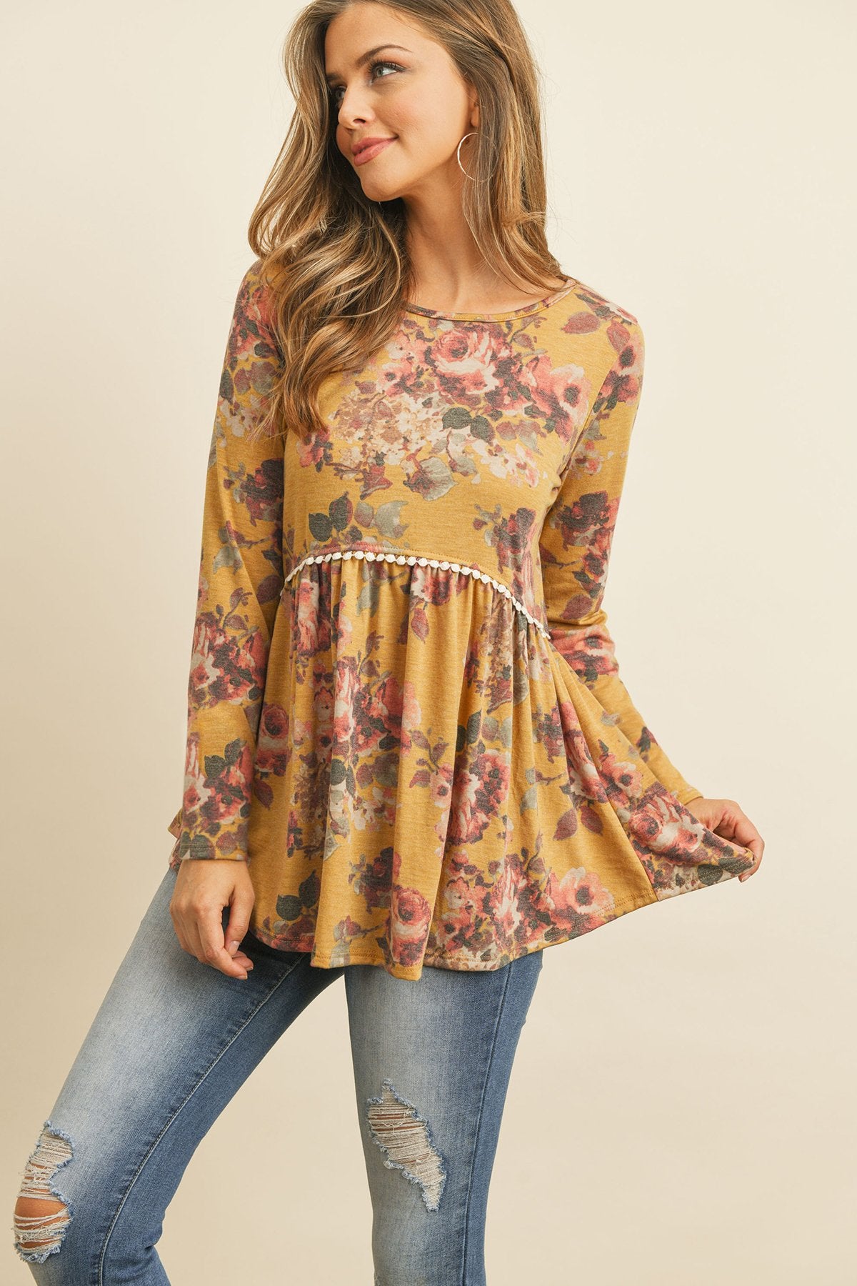 Floral Long Sleeved Cinch Waist Lace Detail