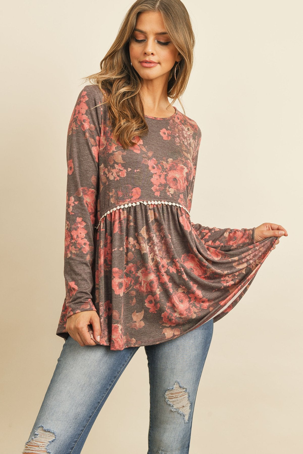 Floral Long Sleeved Cinch Waist Lace Detail
