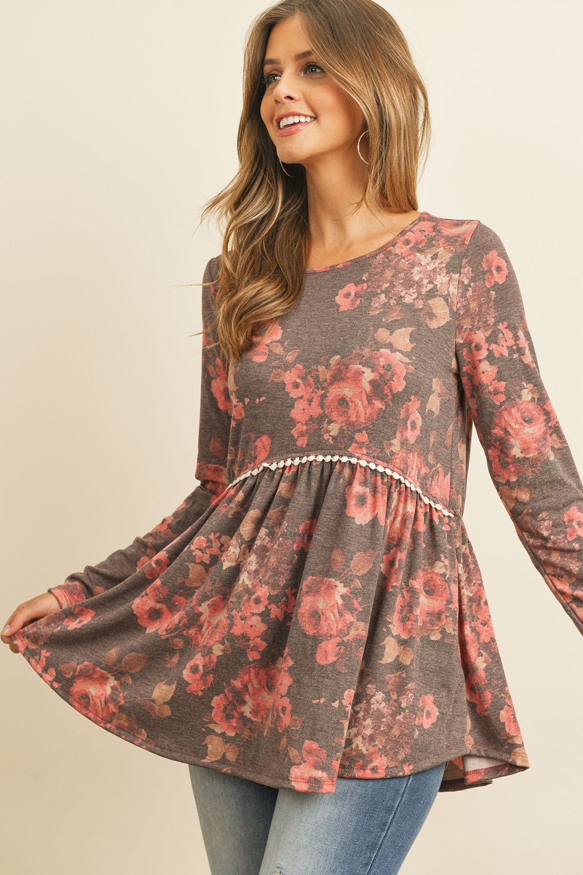 Floral Long Sleeved Cinch Waist Lace Detail