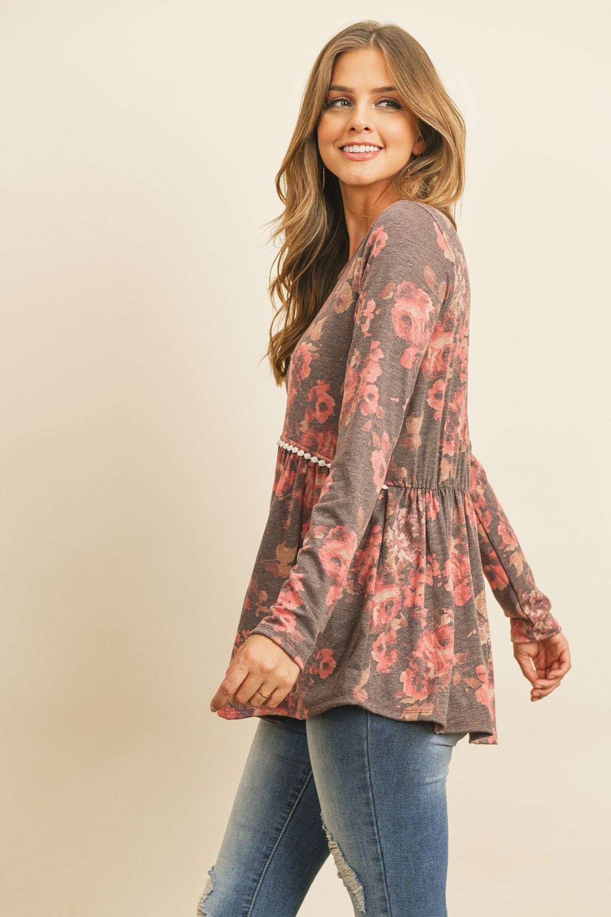 Floral Long Sleeved Cinch Waist Lace Detail