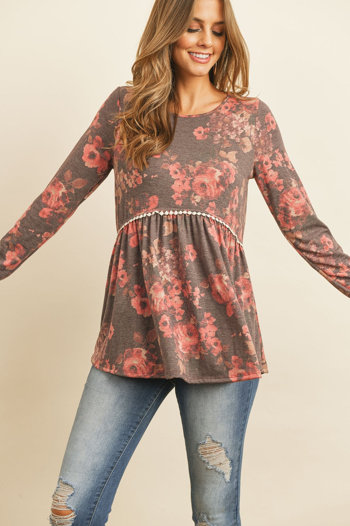 Floral Long Sleeved Cinch Waist Lace Detail