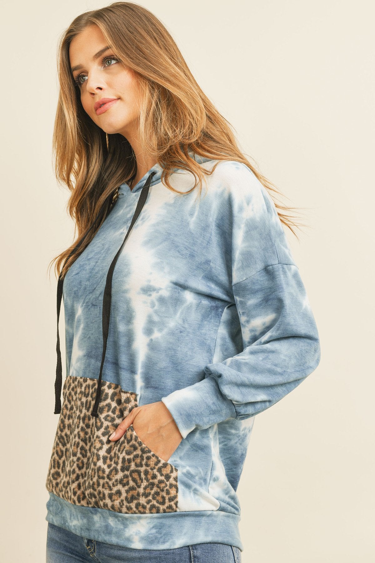 Tie Dye Long Sleeve Leopard Contrast Pocket Hoodie With Drawstrings