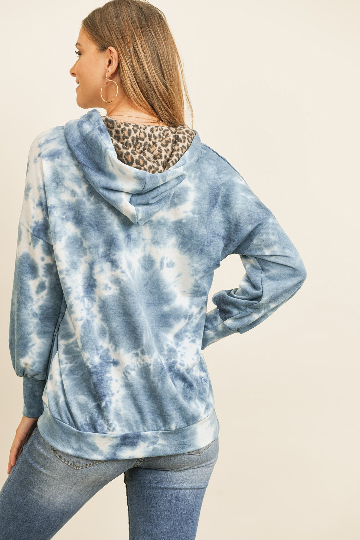 Tie Dye Long Sleeve Leopard Contrast Pocket Hoodie With Drawstrings