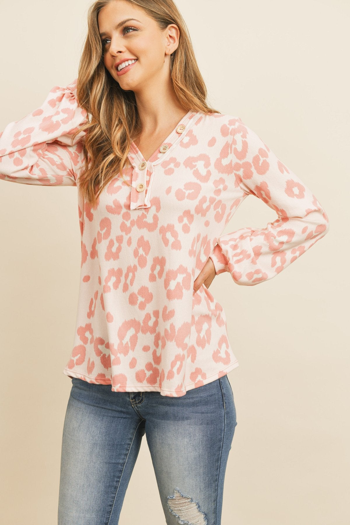 Button Front Long Sleeved Animal Print Top