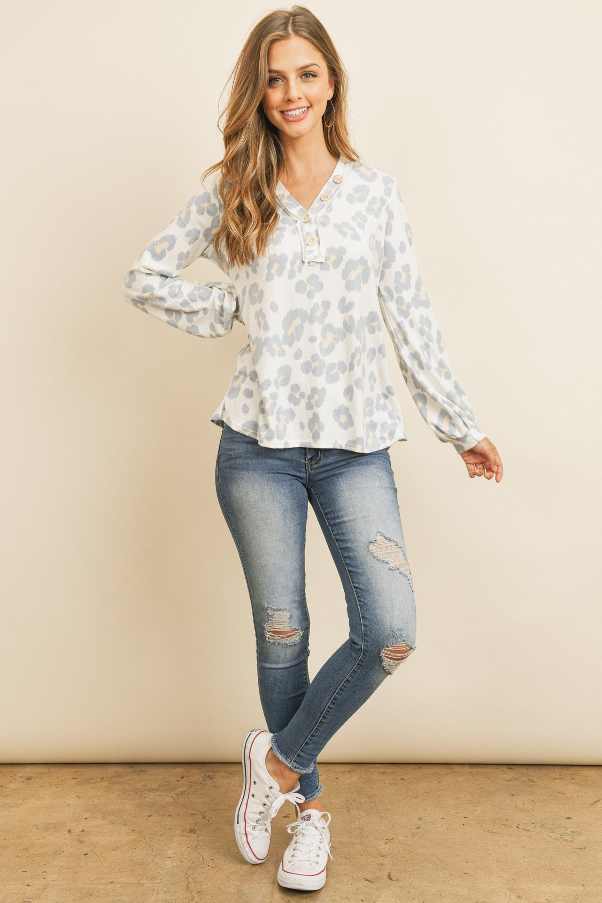 Button Front Long Sleeved Animal Print Top