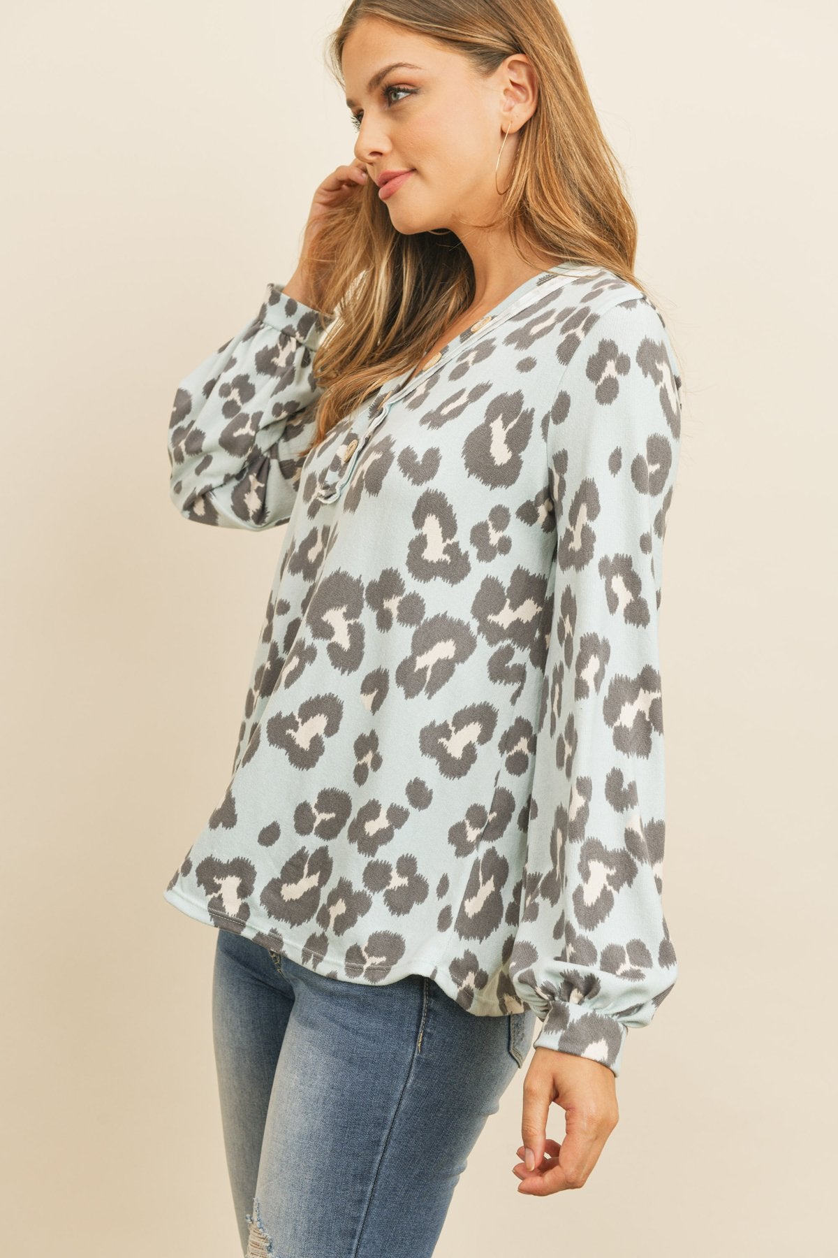 Button Front Long Sleeved Animal Print Top