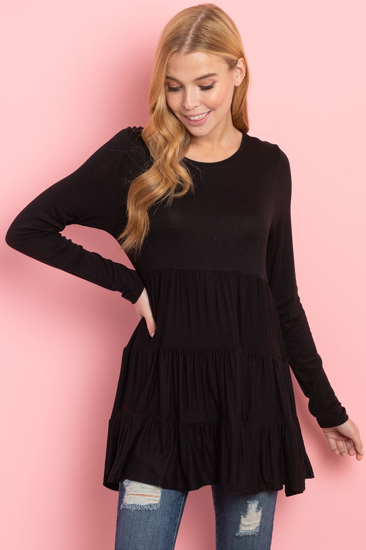 Solid Long Sleeves Tiered Ruffle Top