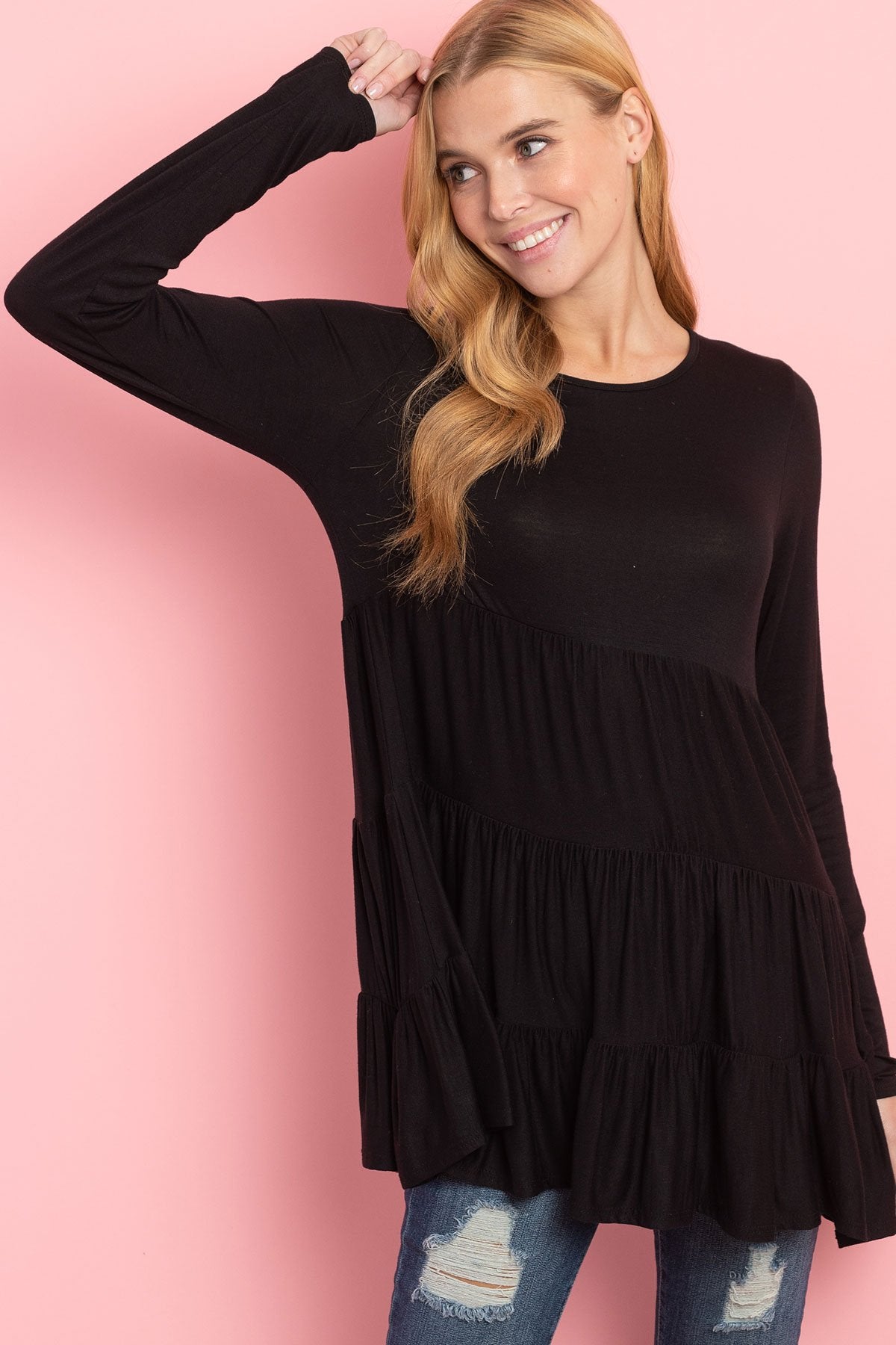 Solid Long Sleeves Tiered Ruffle Top