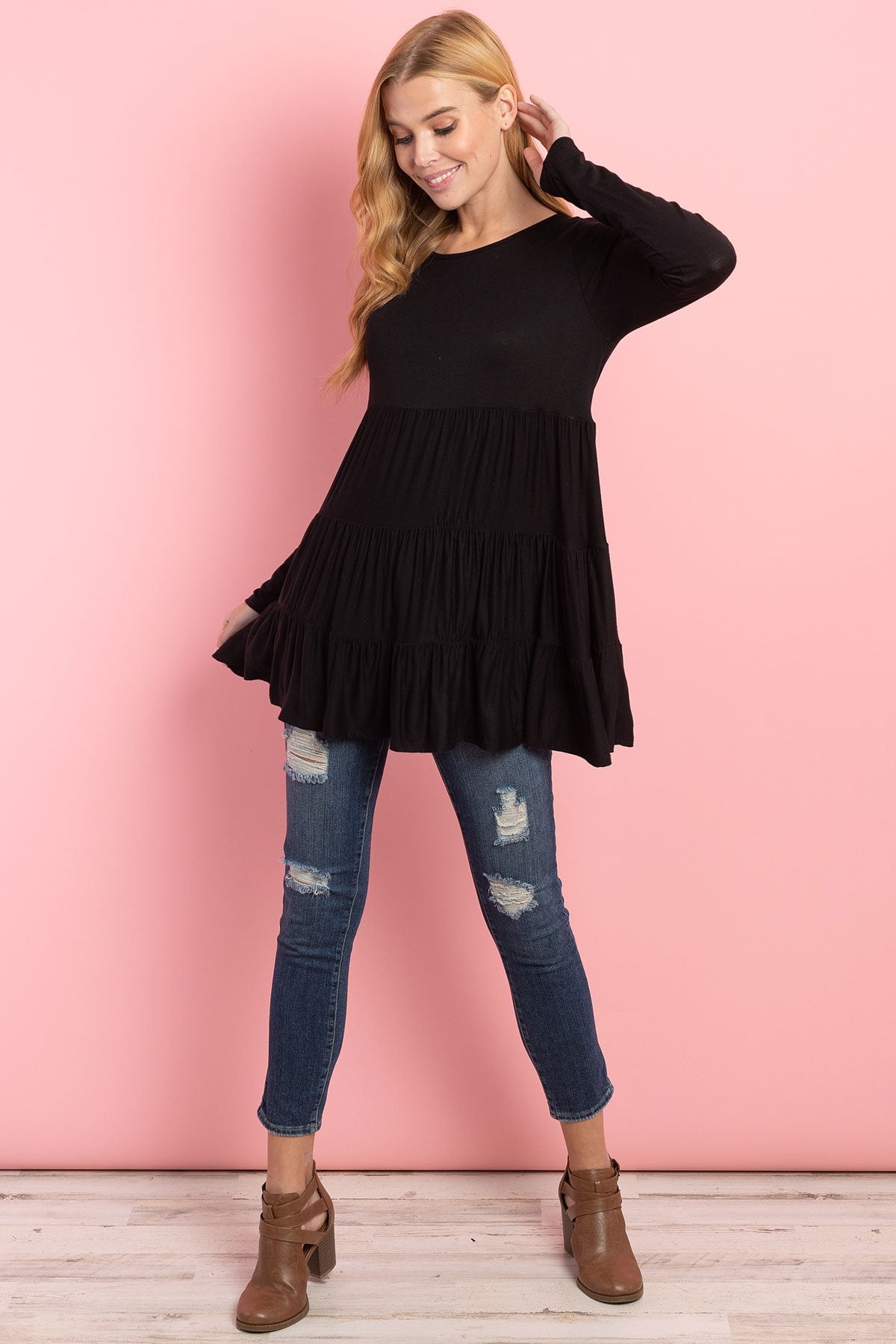 Solid Long Sleeves Tiered Ruffle Top