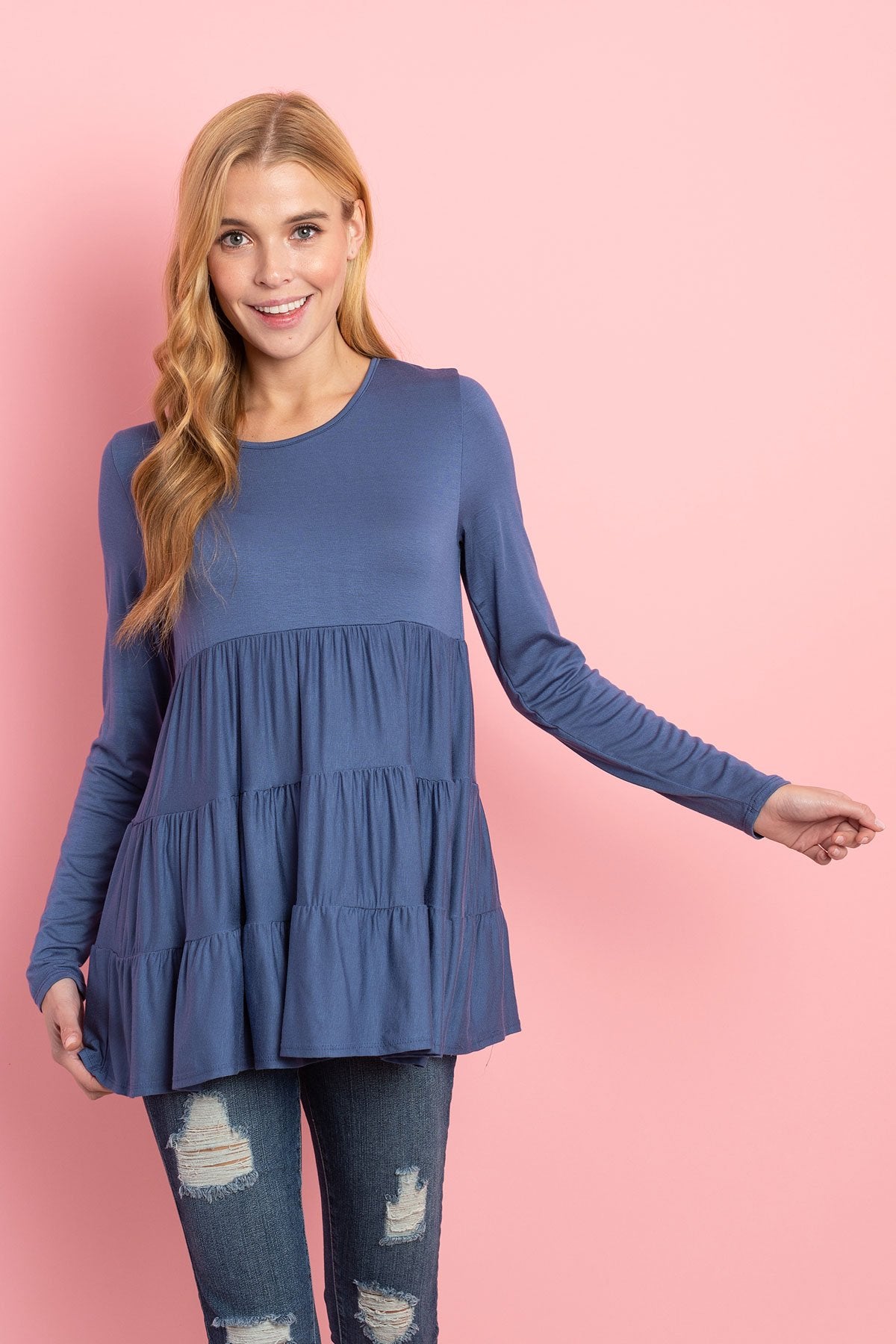 Solid Long Sleeves Tiered Ruffle Top