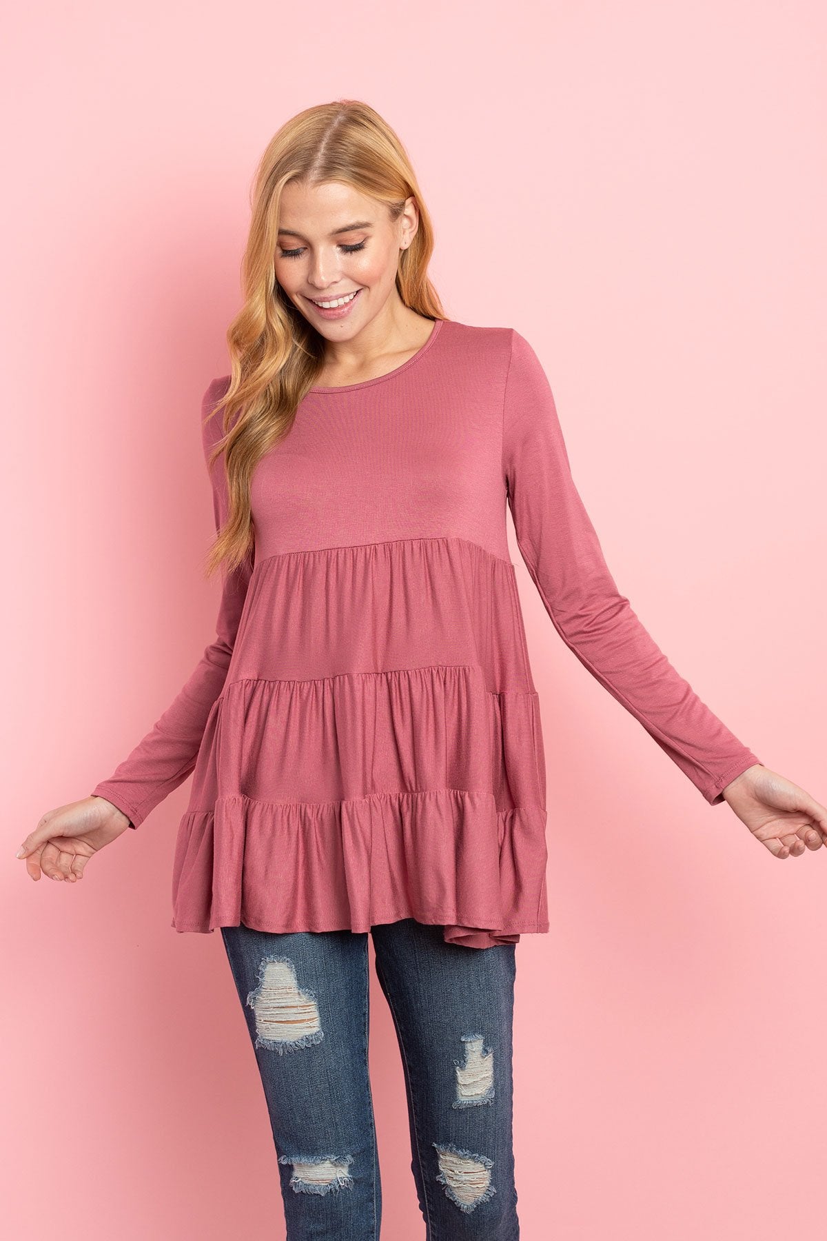 Solid Long Sleeves Tiered Ruffle Top