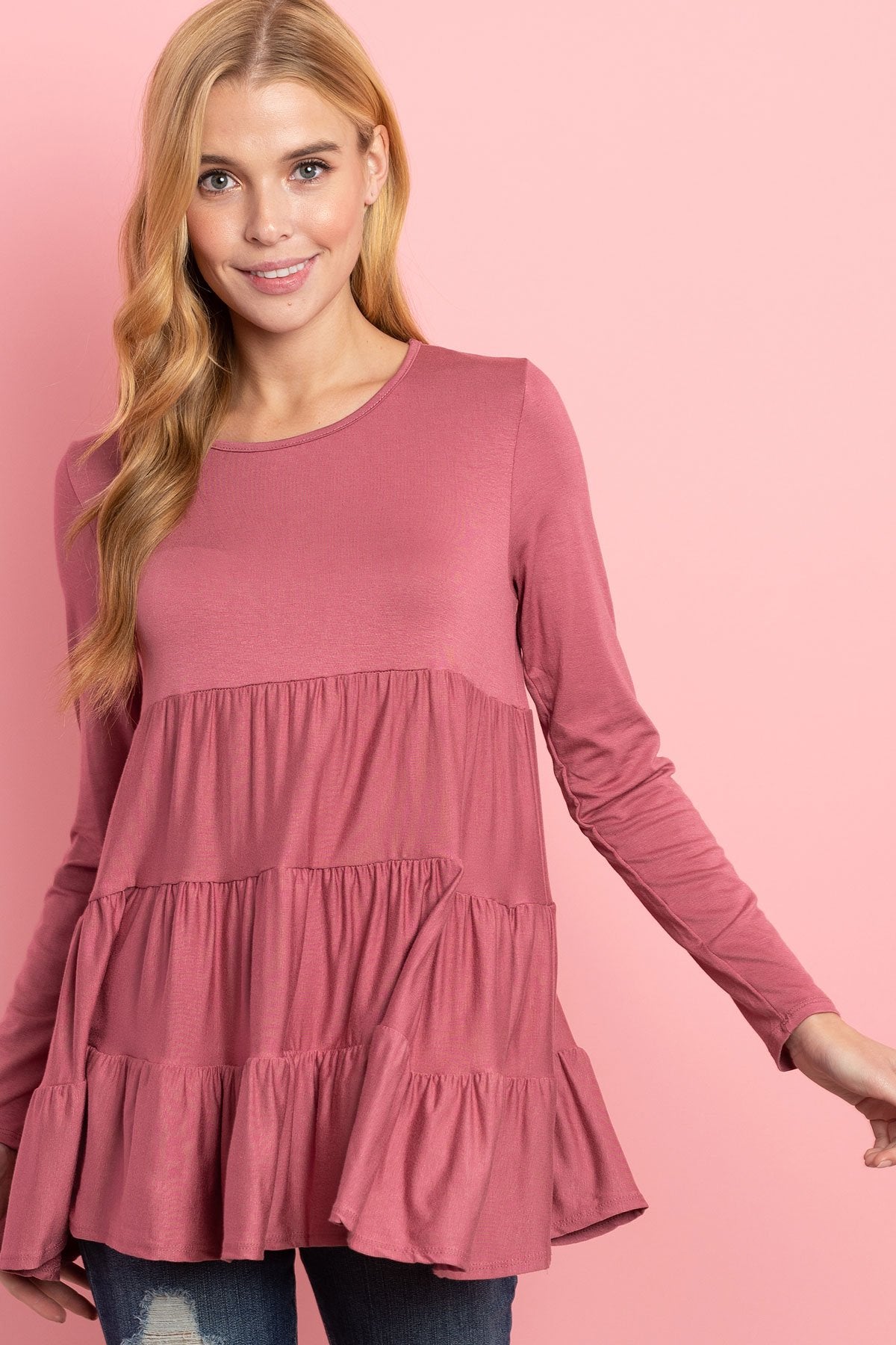 Solid Long Sleeves Tiered Ruffle Top