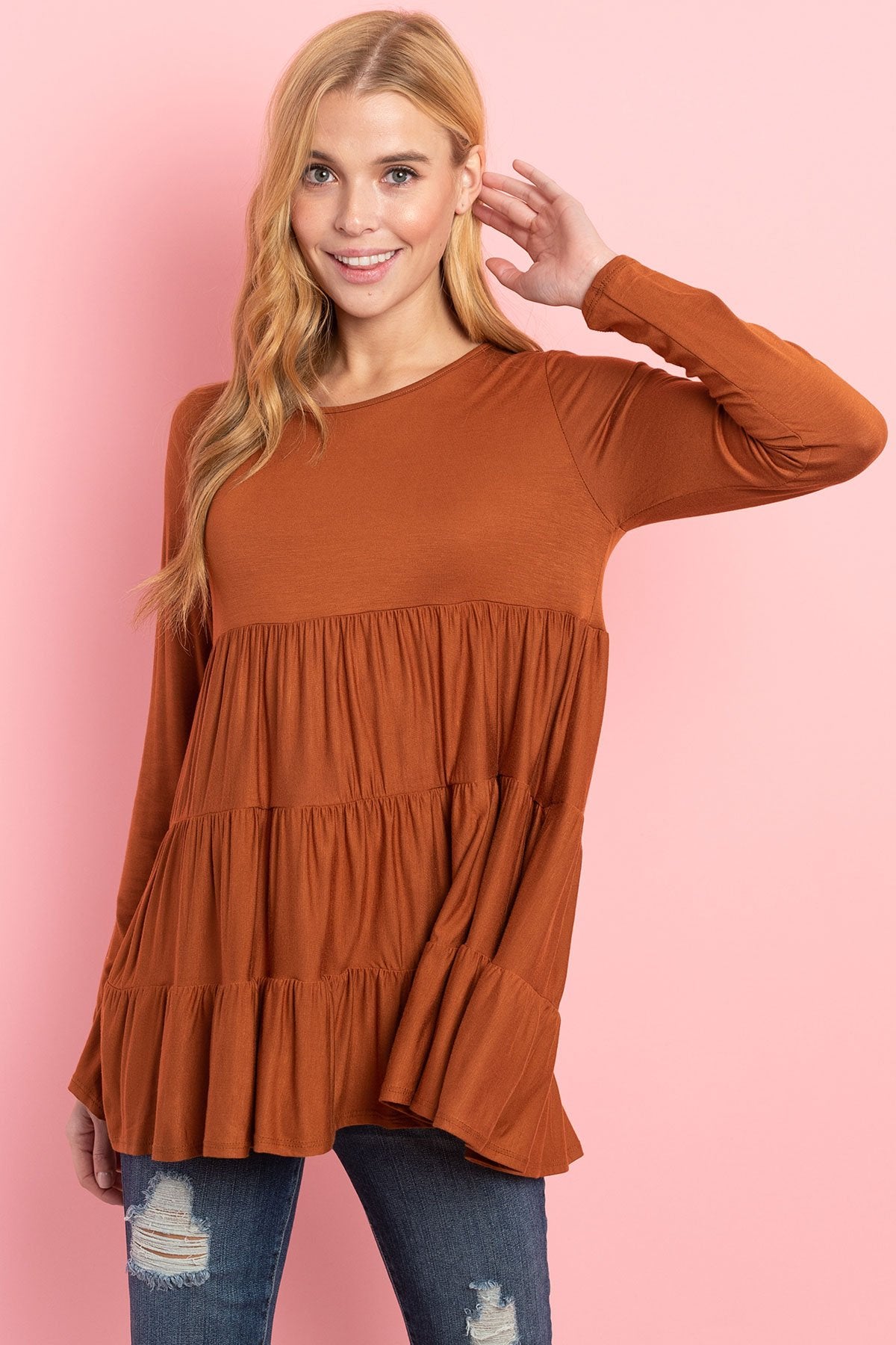 Solid Long Sleeves Tiered Ruffle Top