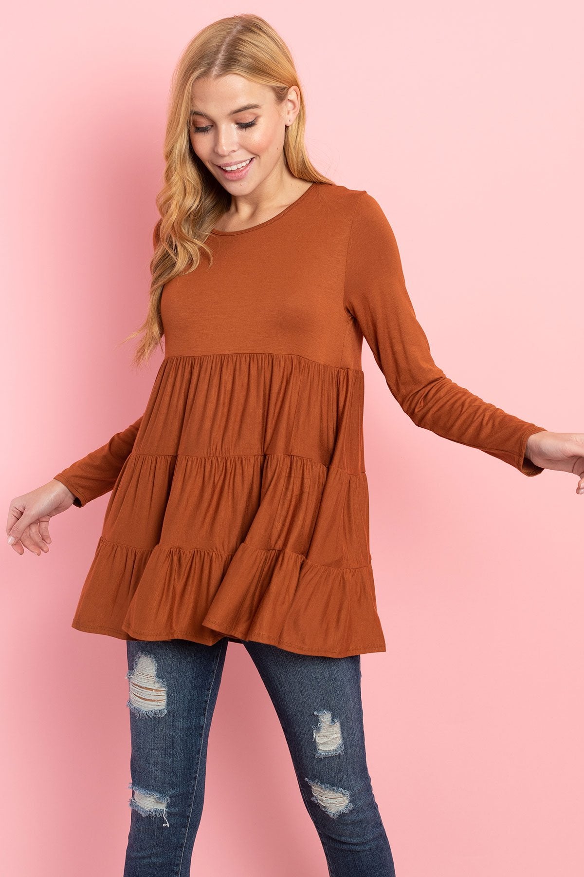 Solid Long Sleeves Tiered Ruffle Top