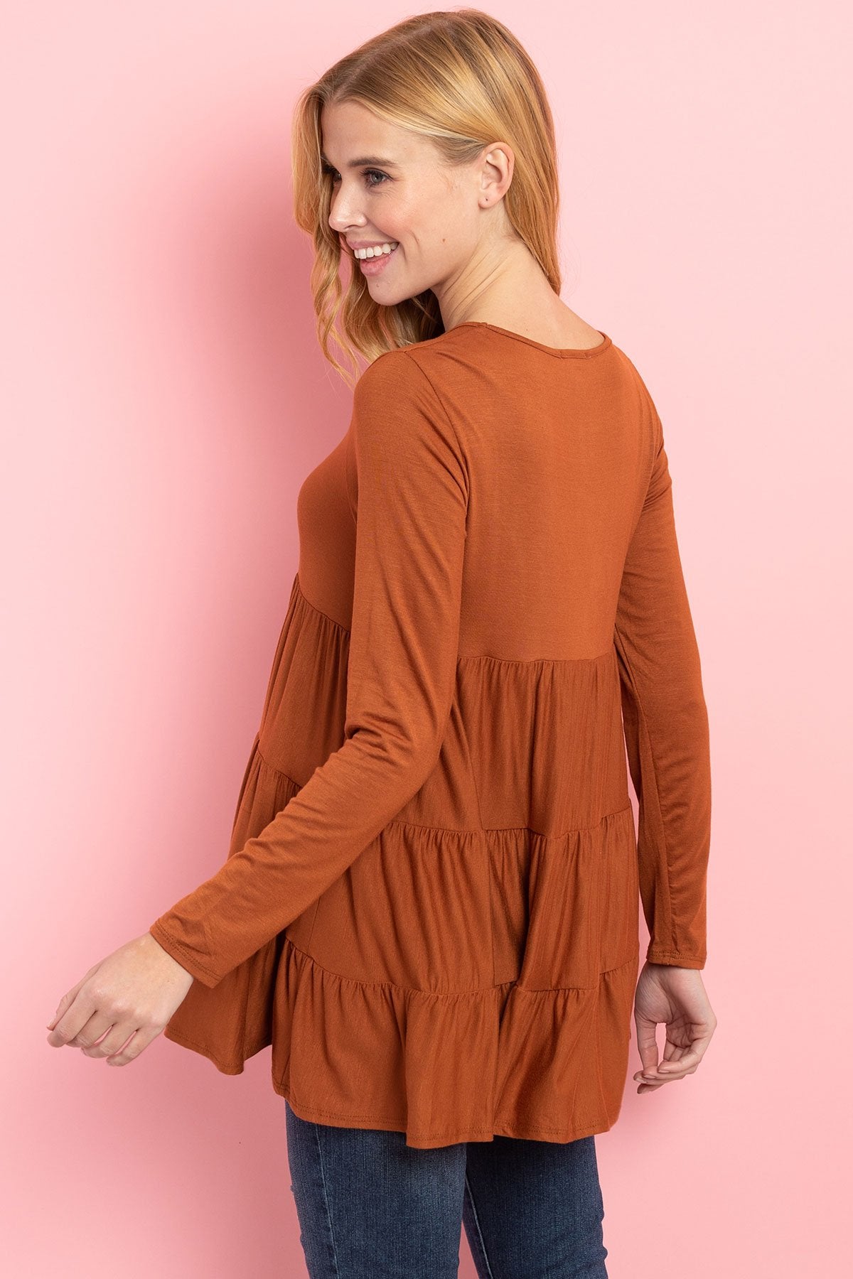 Solid Long Sleeves Tiered Ruffle Top