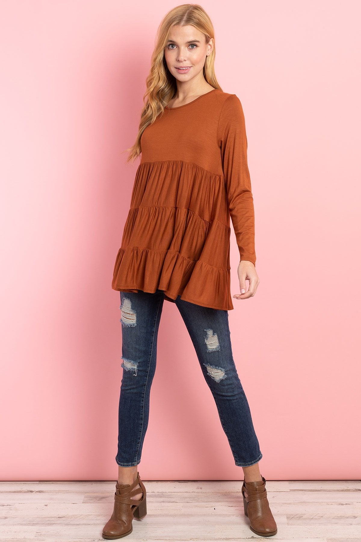Solid Long Sleeves Tiered Ruffle Top