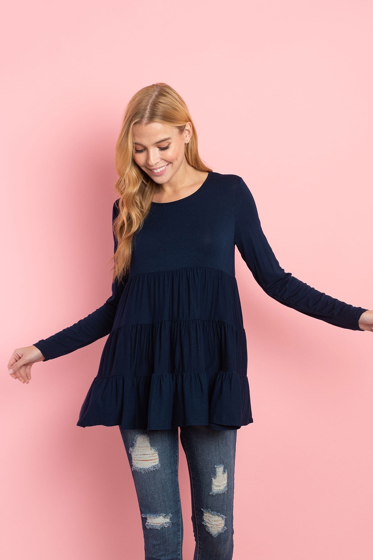 Solid Long Sleeves Tiered Ruffle Top