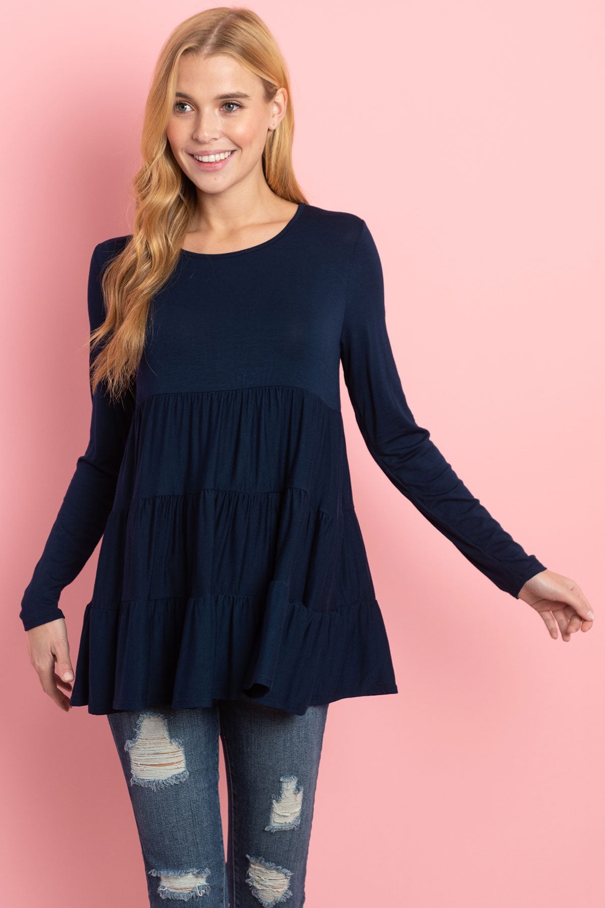 Solid Long Sleeves Tiered Ruffle Top