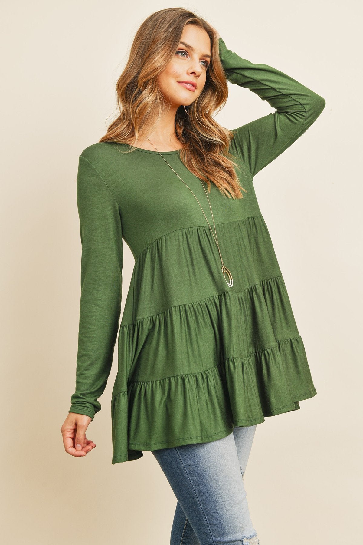Solid Long Sleeves Tiered Ruffle Top