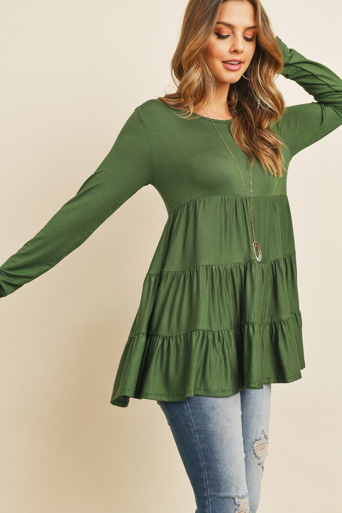 Solid Long Sleeves Tiered Ruffle Top