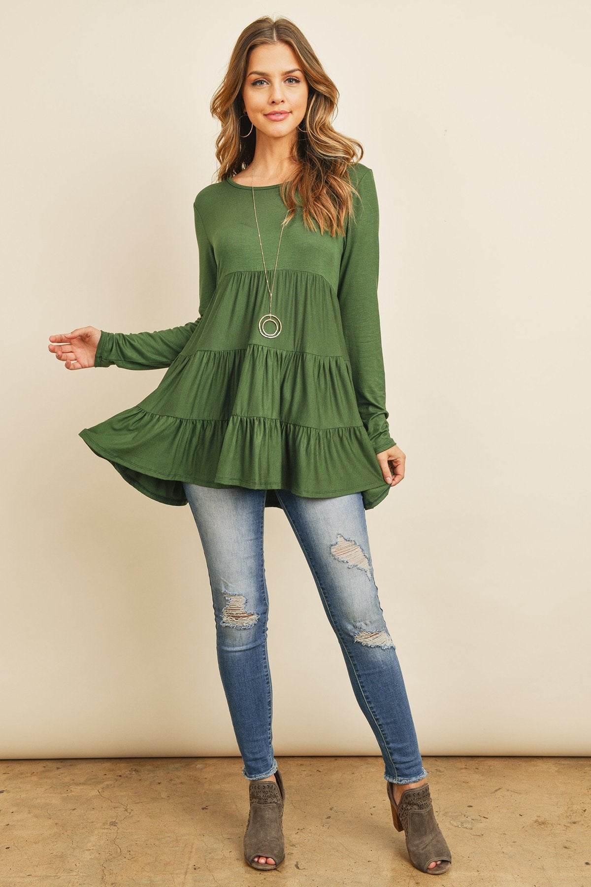 Solid Long Sleeves Tiered Ruffle Top