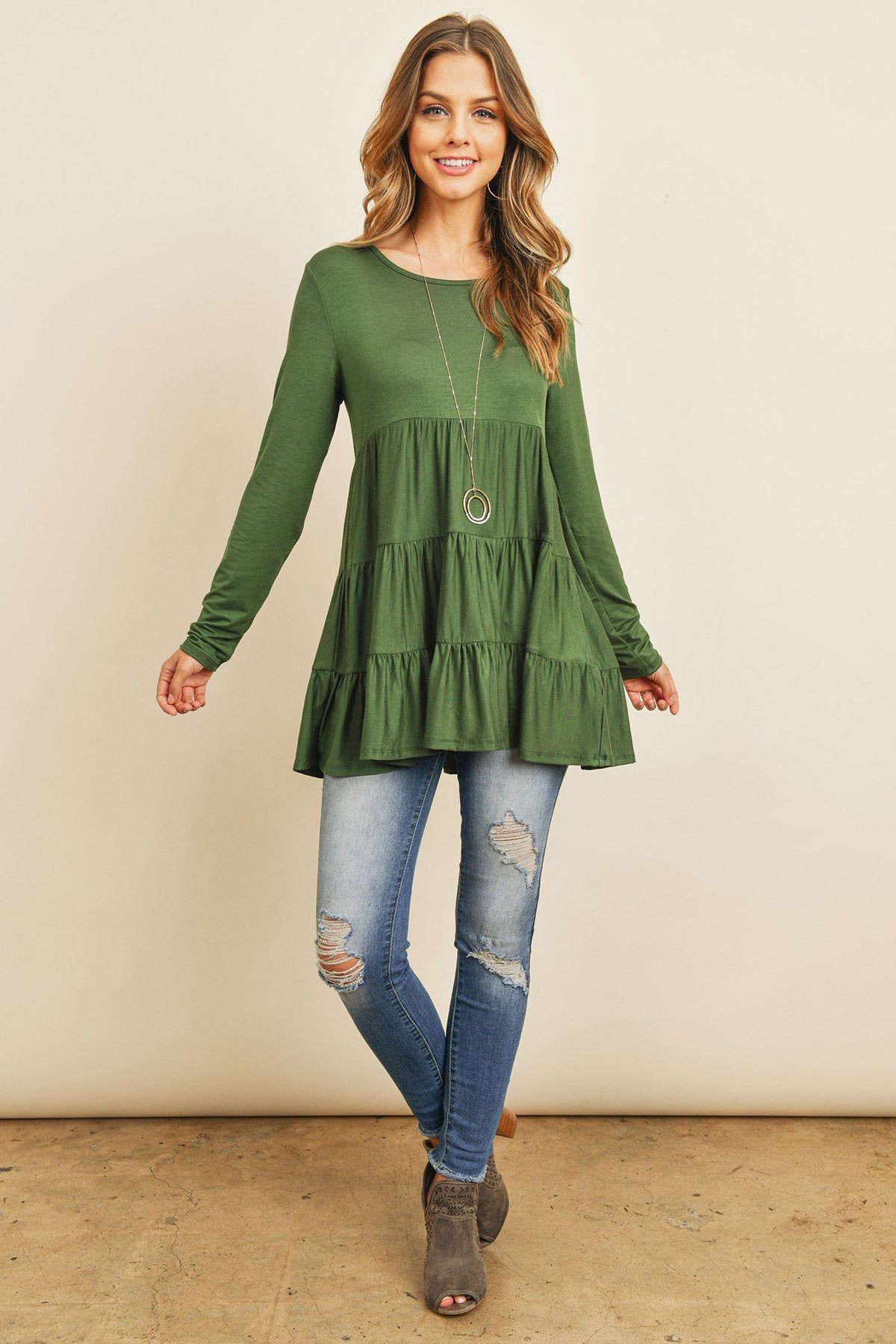 Solid Long Sleeves Tiered Ruffle Top