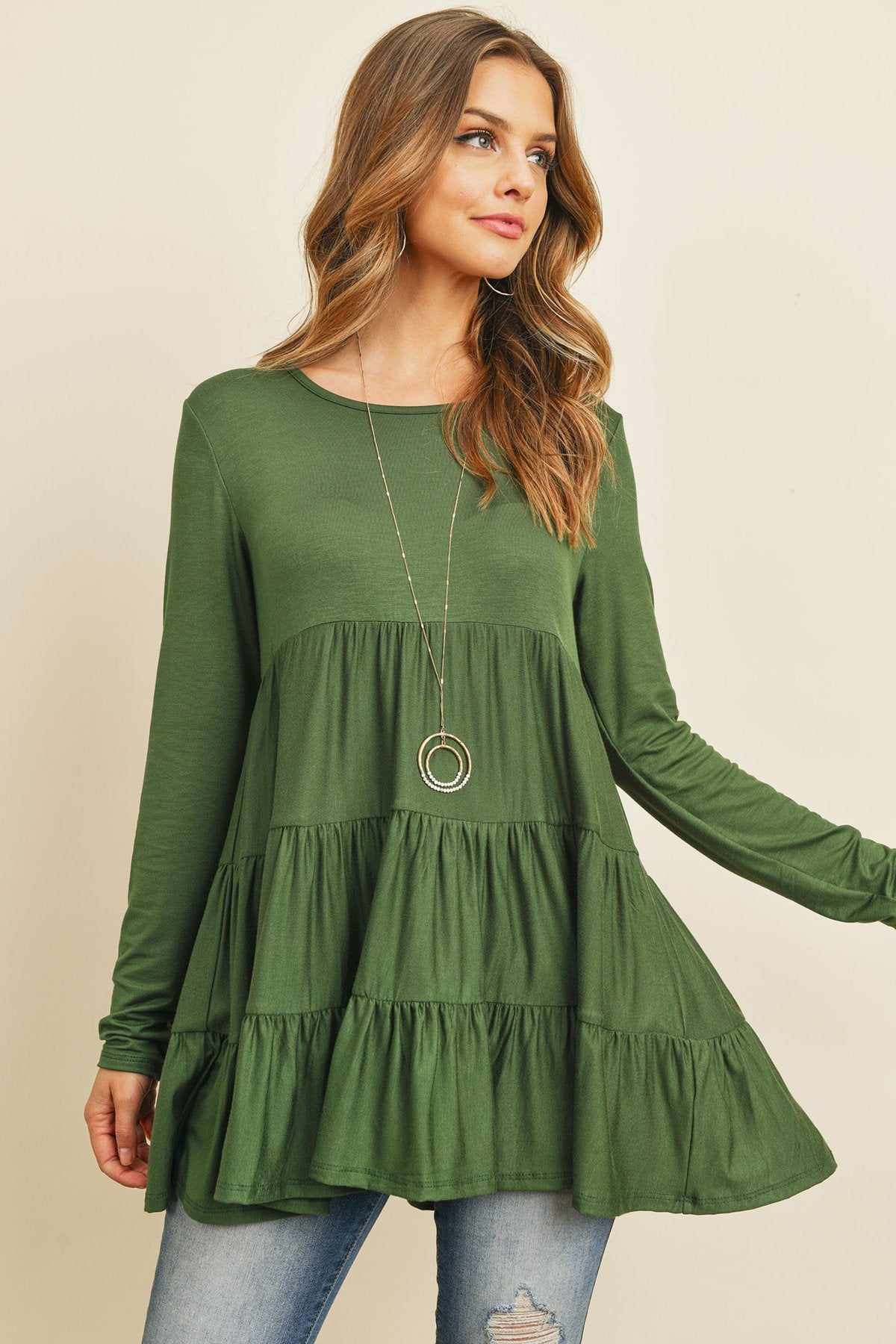 Solid Long Sleeves Tiered Ruffle Top
