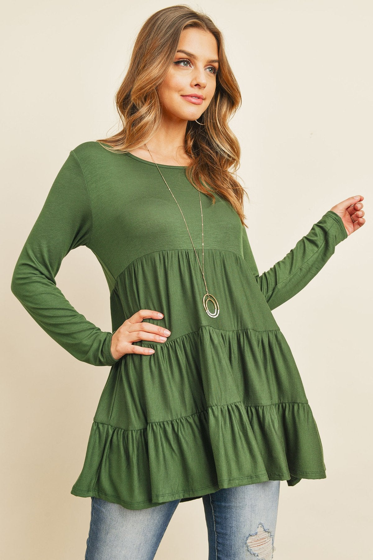 Solid Long Sleeves Tiered Ruffle Top