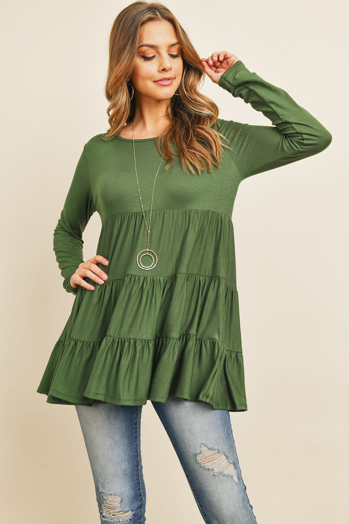 Solid Long Sleeves Tiered Ruffle Top