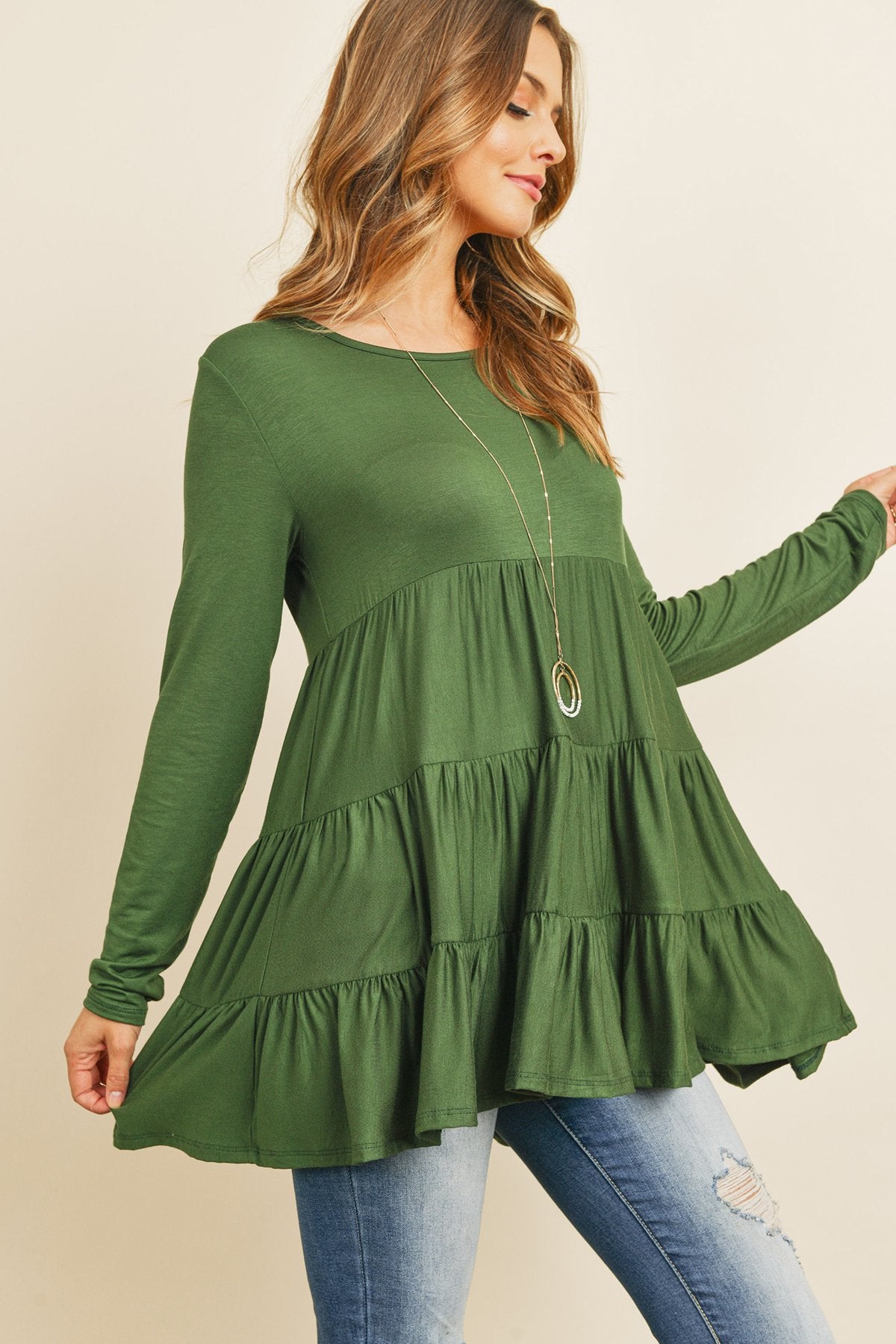 Solid Long Sleeves Tiered Ruffle Top