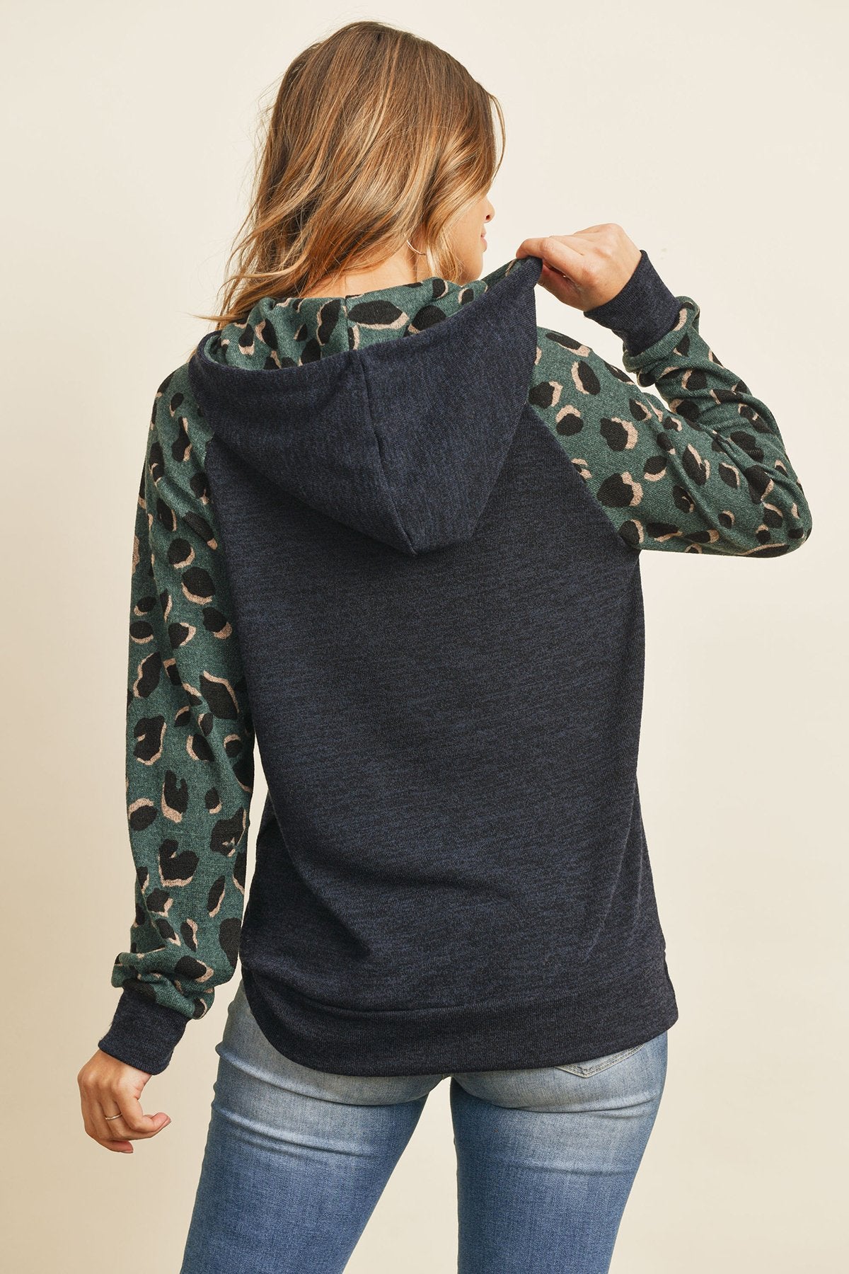Self Tie Leopard Contrast Kangaroo Pocket Hoodie