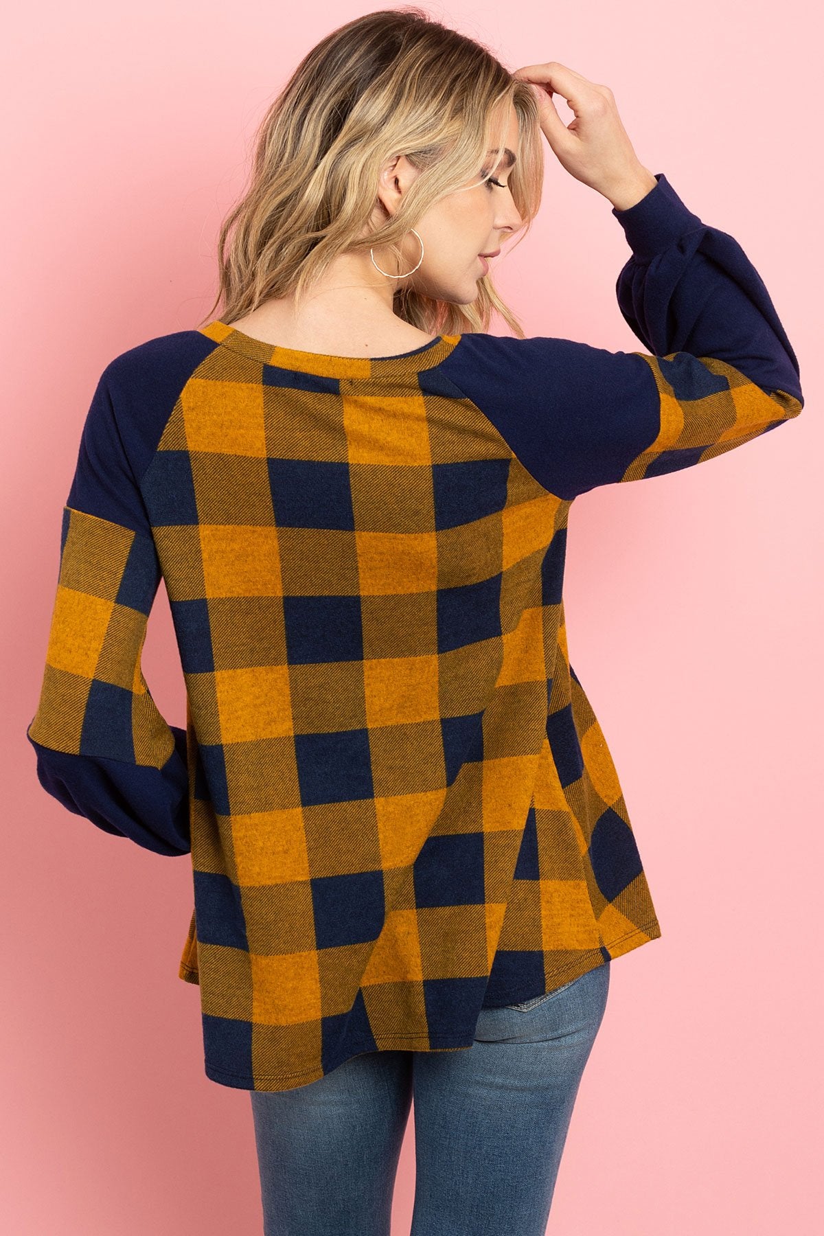 Solid Contrast Puff Sleeves Plaid Top