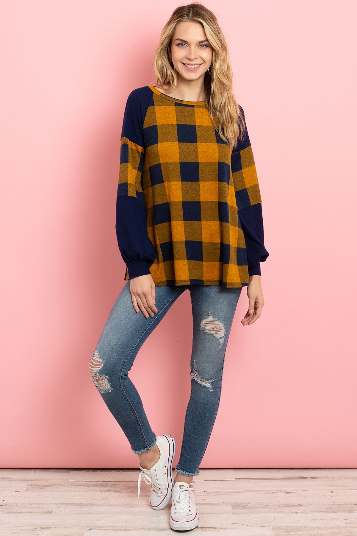 Solid Contrast Puff Sleeves Plaid Top