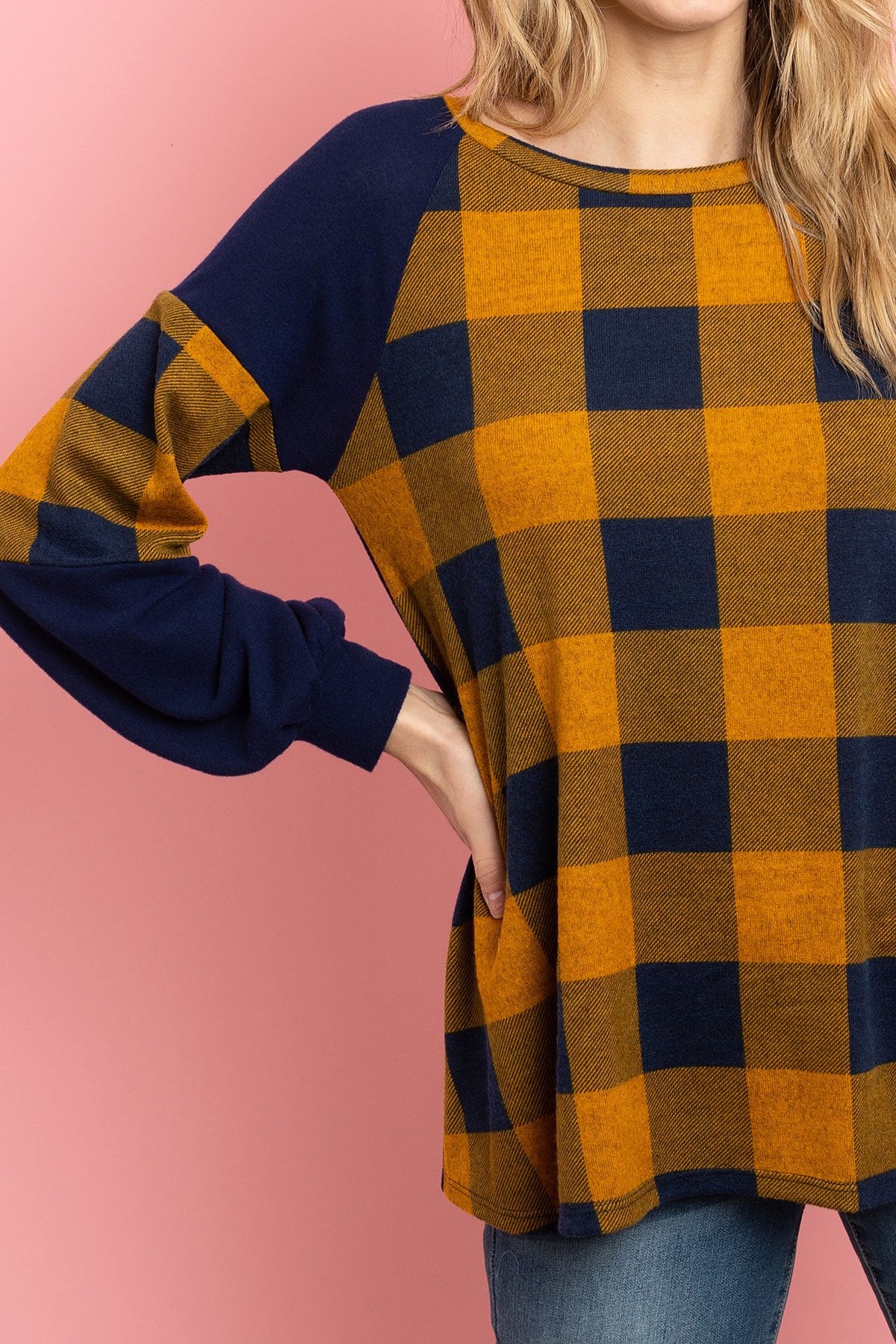 Solid Contrast Puff Sleeves Plaid Top