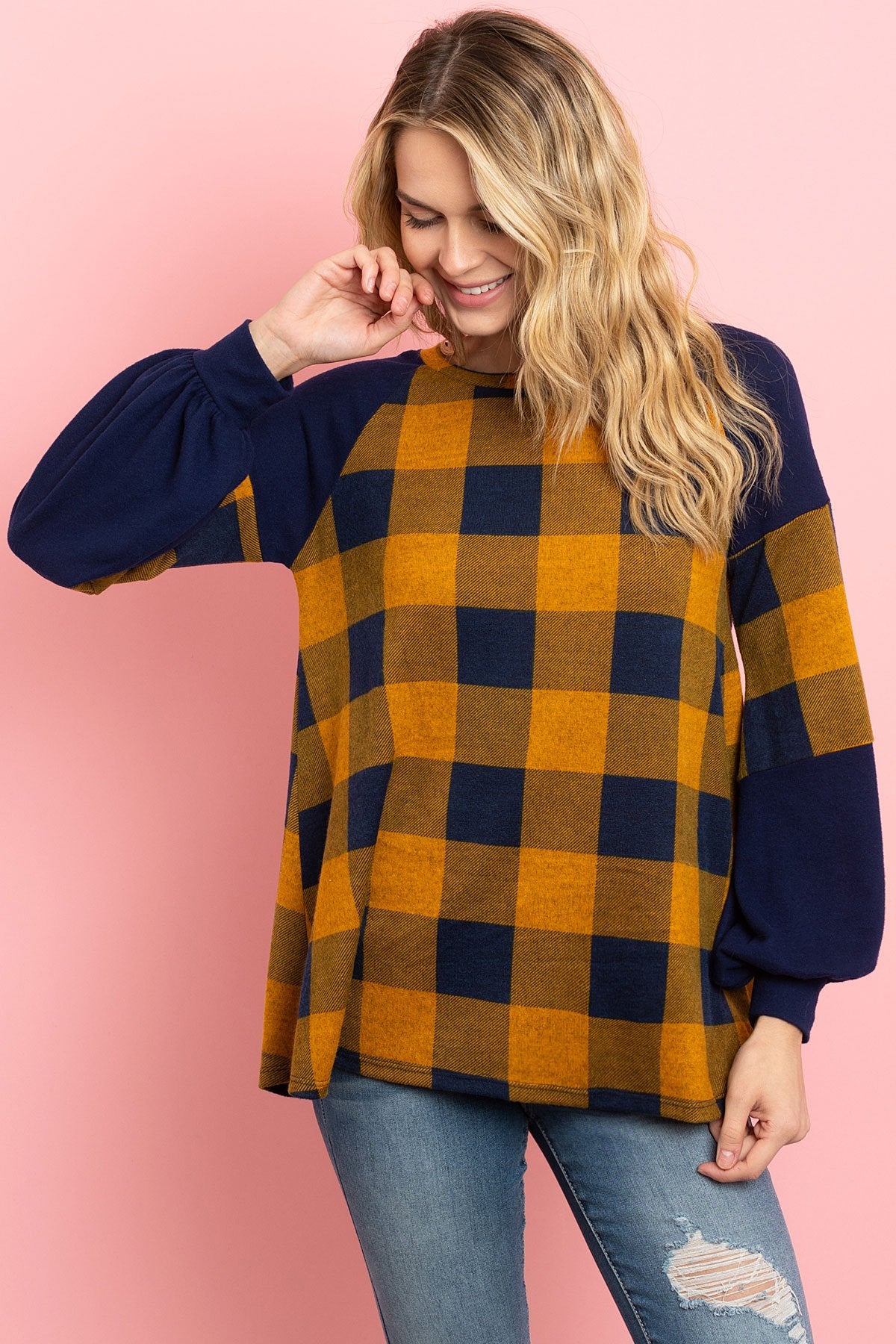 Solid Contrast Puff Sleeves Plaid Top