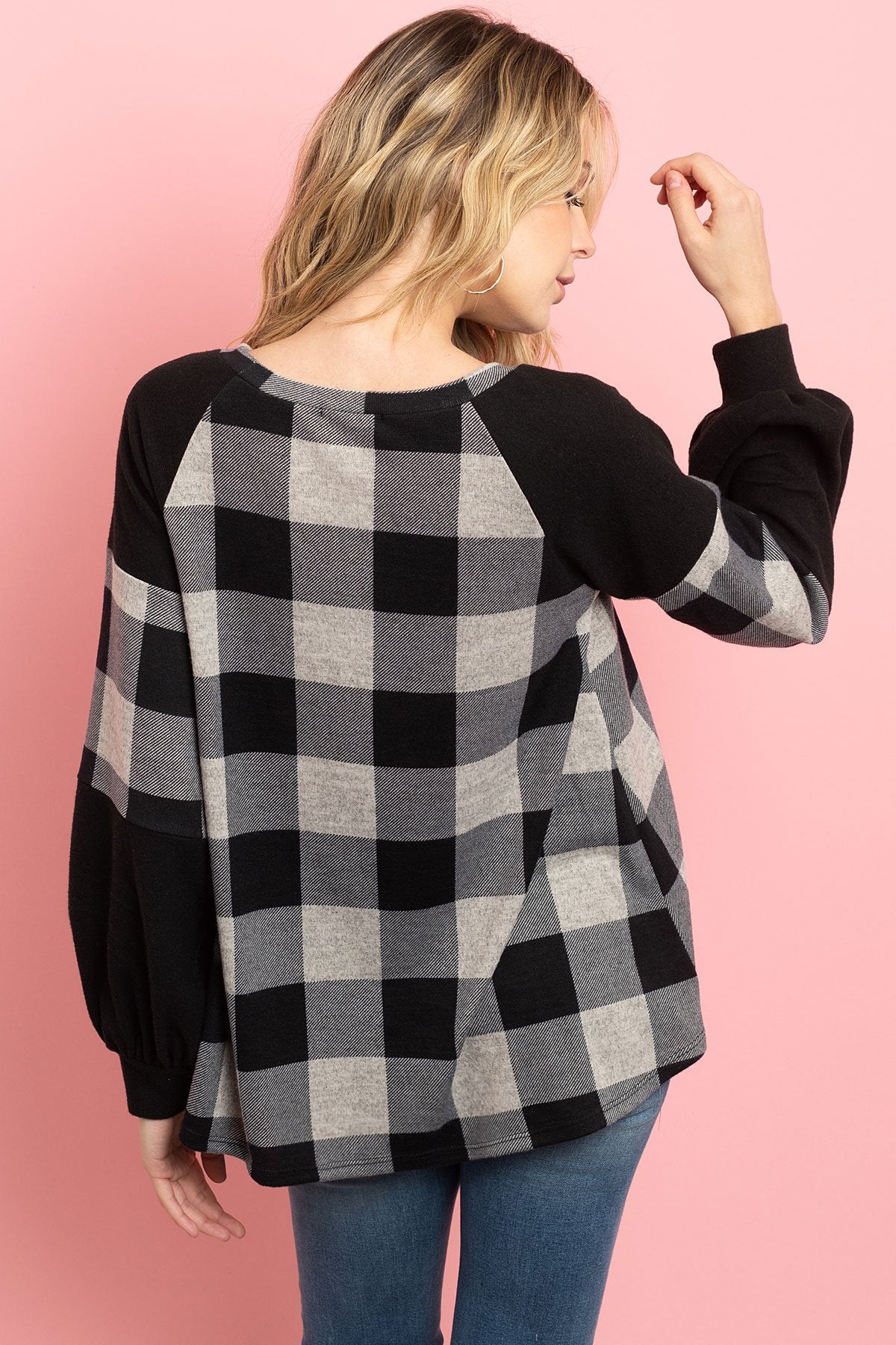 Solid Contrast Puff Sleeves Plaid Top