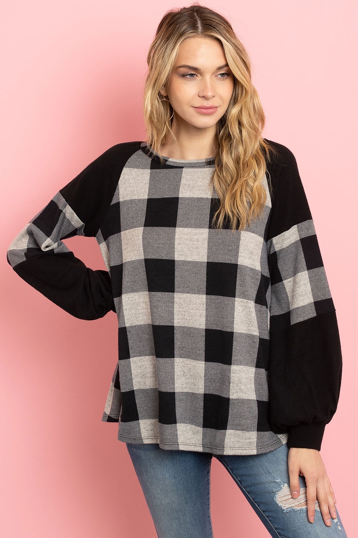 Solid Contrast Puff Sleeves Plaid Top