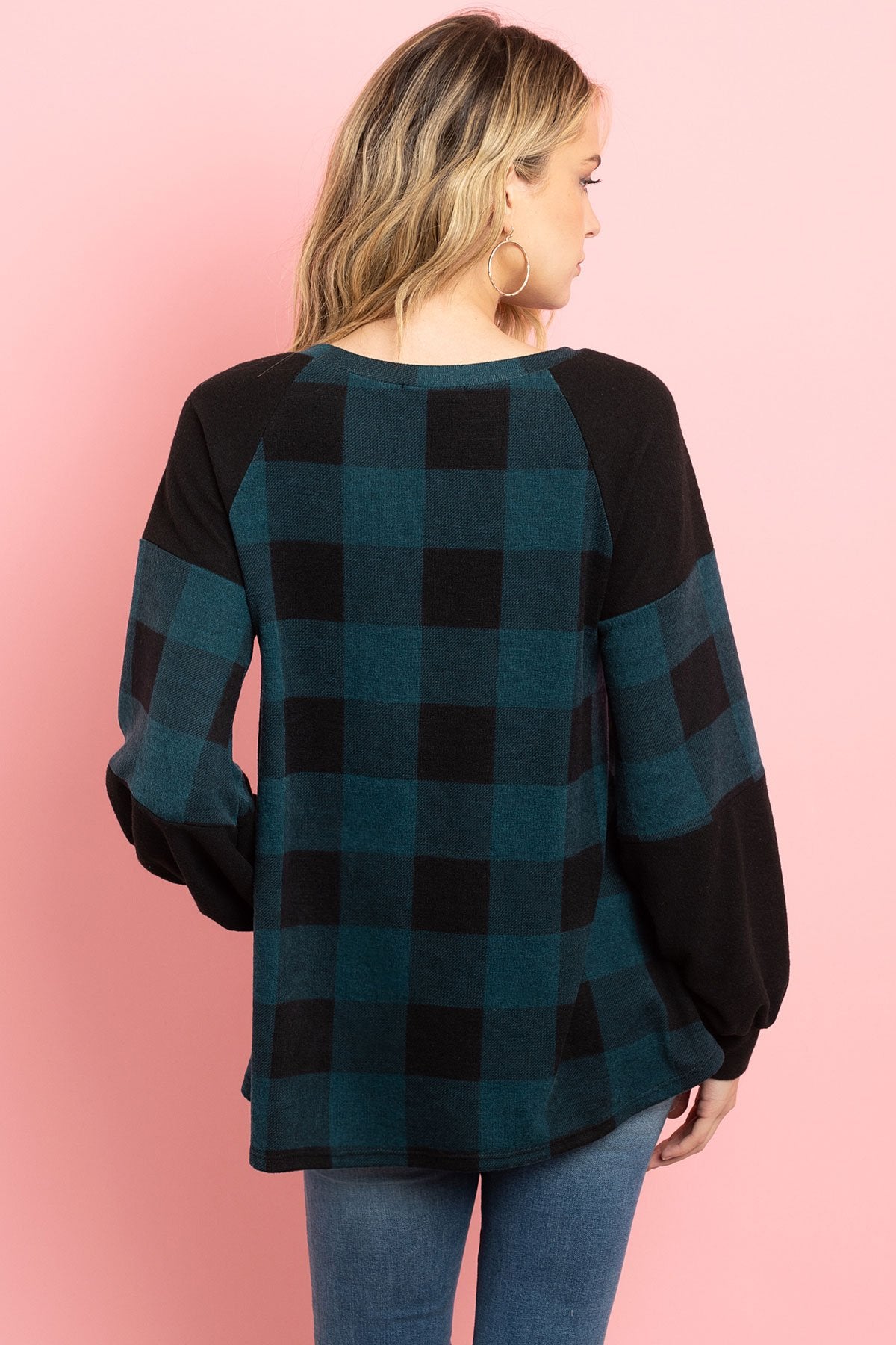 Solid Contrast Puff Sleeves Plaid Top